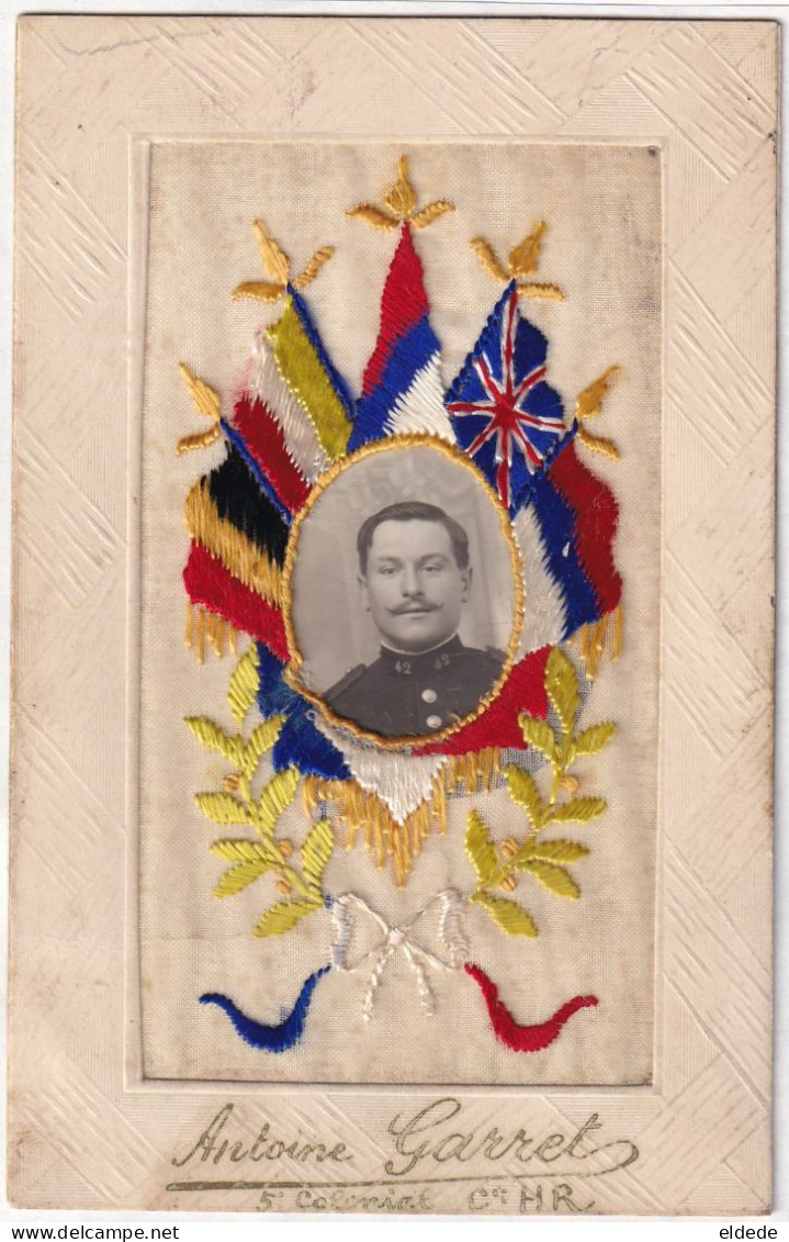 Embroidered Silk Flags Belgium Great Britain , France, Serbia  WWI . Soie Brodée Antoine Garret 5 Eme Colonial HR  42 Em - Brodées