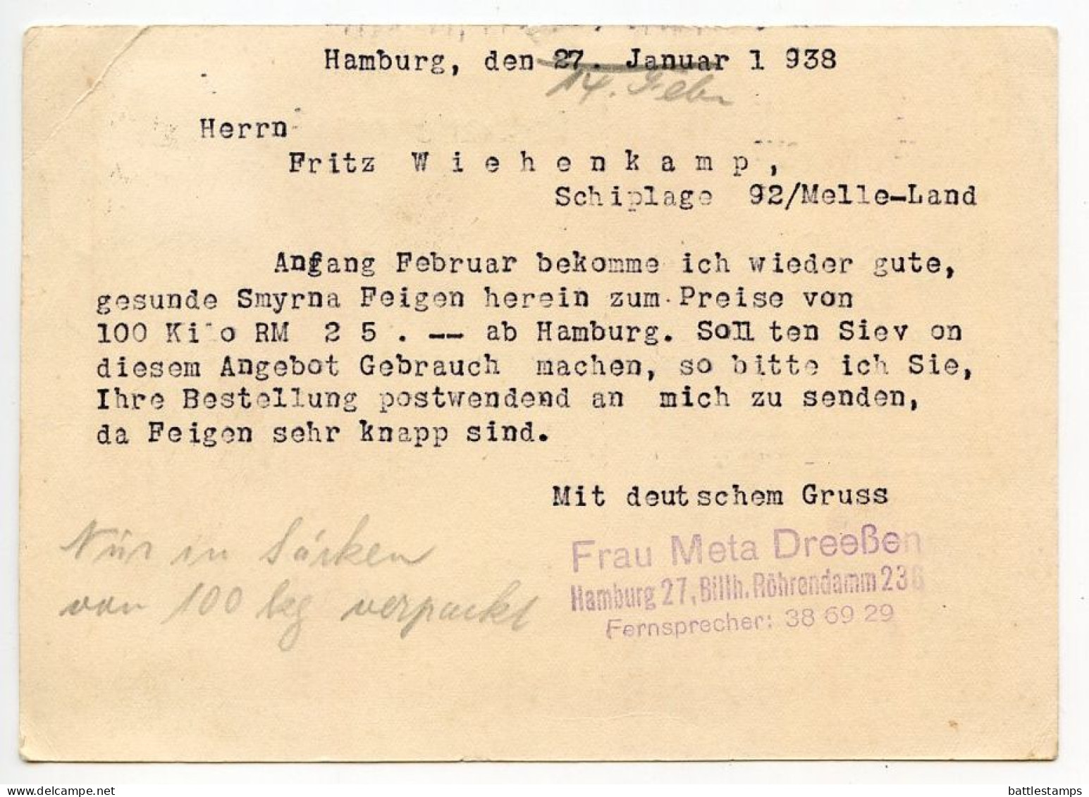 Germany 1938 Postcard; Hamburg - August Dreeßen To Schiplage; 6pf. Hindenburg; Leipziger Messe Slogan Cancel - Lettres & Documents