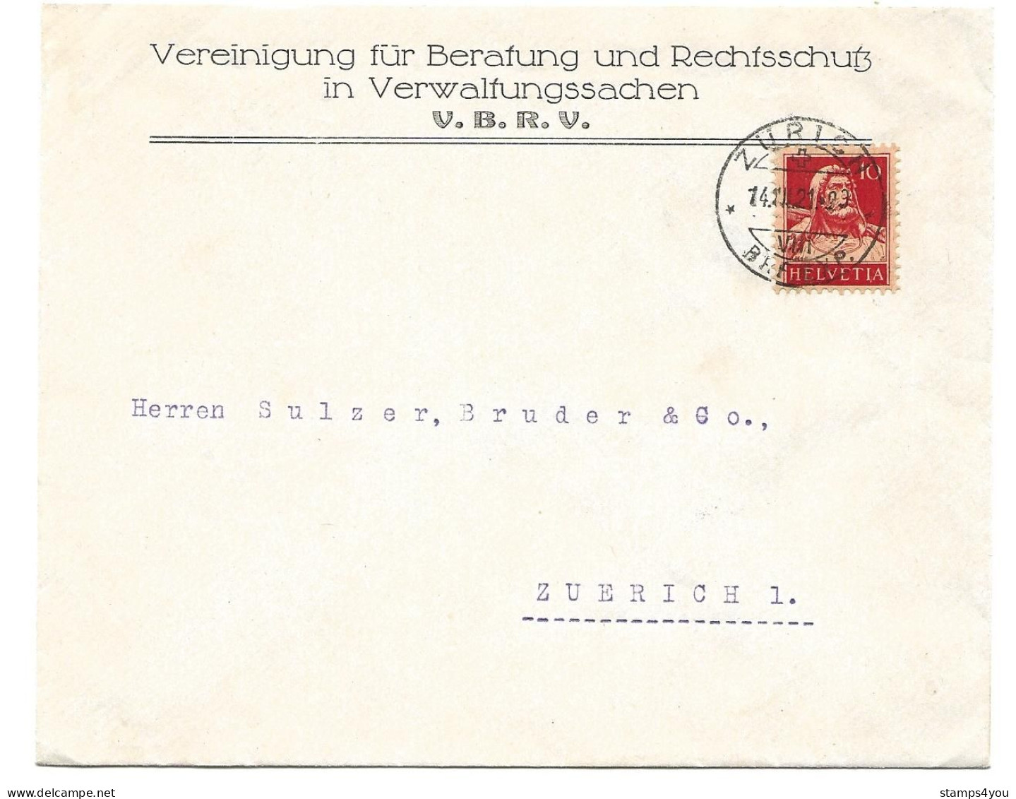 169 - 93 - Enveloppe VBRV Envoyée De Zürich 1921 - Storia Postale