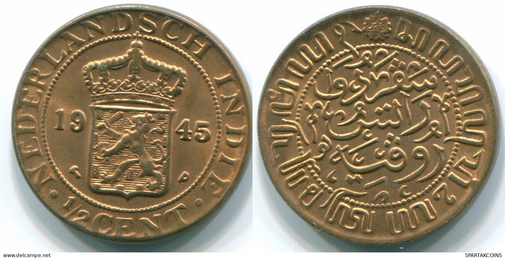 1/2 CENT 1945 INDES ORIENTALES NÉERLANDAISES INDONÉSIE INDONESIA Bronze Colonial Pièce #S13094.F.A - Niederländisch-Indien