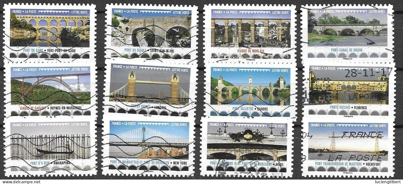 TIMBRE N° 1466 A 1477  -   SERIE  - ADHESIF  -  PONTS ET VIADUCS      - OBLITERE  - 2017 - Usados