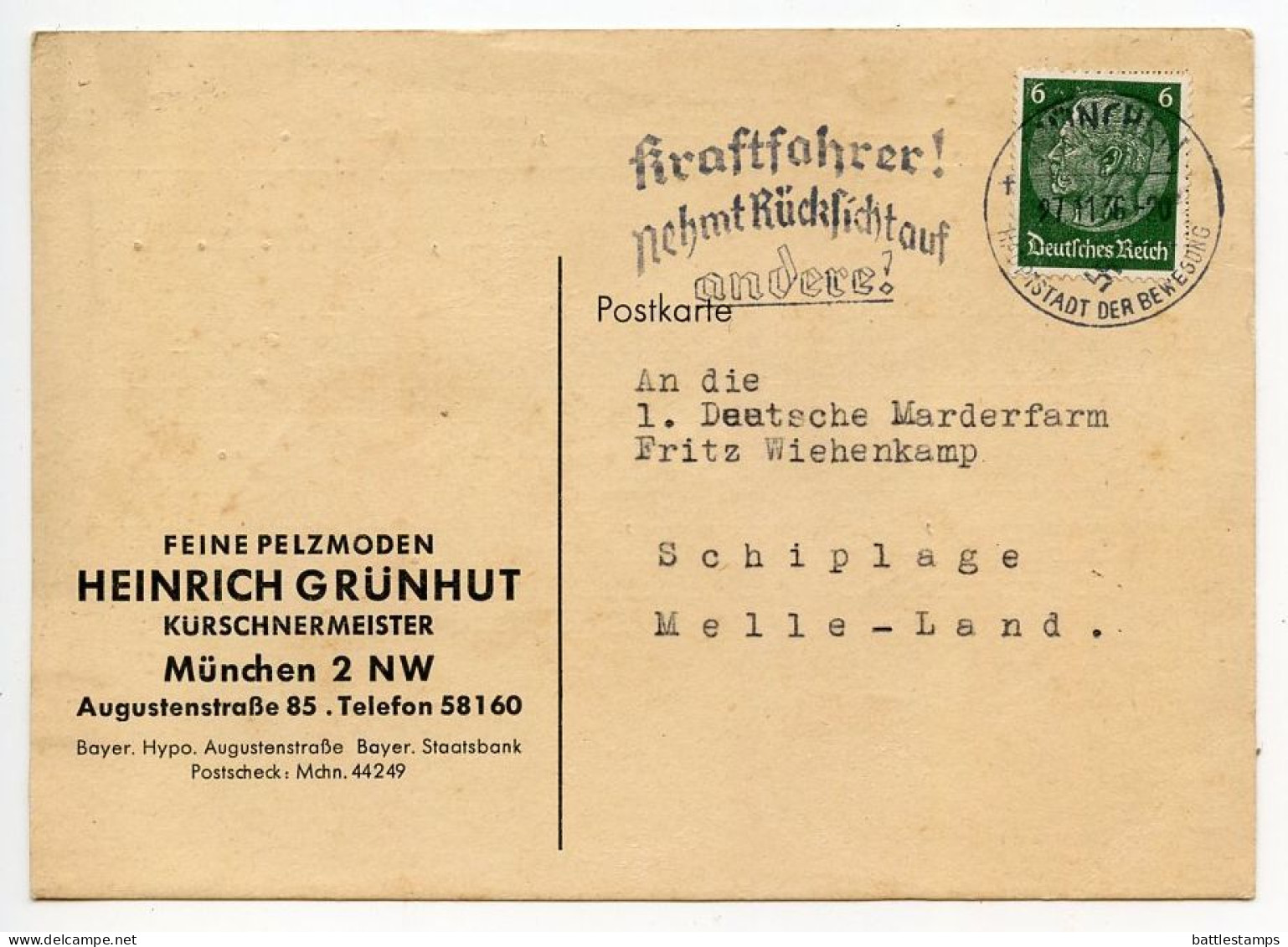 Germany 1936 Postcard; München - Heinrich Grünhut, Kürschnermeister To Schiplage; 6pf. Hindenburg; Slogan Cancel - Storia Postale