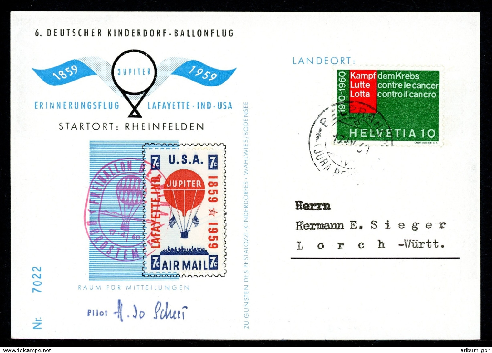 Bund Ballonpost 6. Kinderdorfballonflug 1959 Erinnerungsflug Lafyette #HK134 - Correo Postal