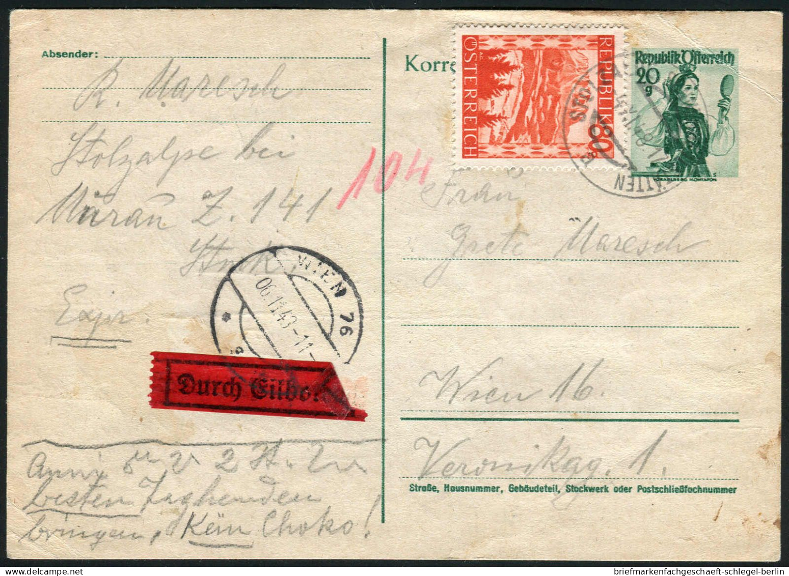 Österreich 2. Republik, 1948, GA 20 Gr + 848, Brief - Other & Unclassified