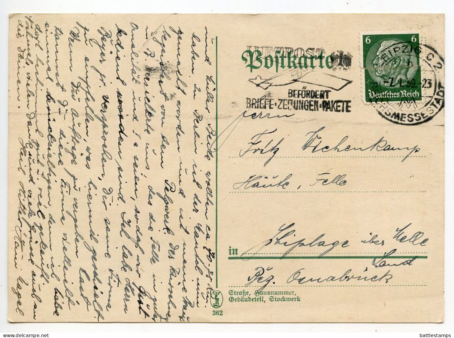 Germany 1939 Postcard; Leipzig (Reichsmessestadt) To Schiplage; 6pf. Hindenburg; Luftpost Slogan Cancel - Lettres & Documents