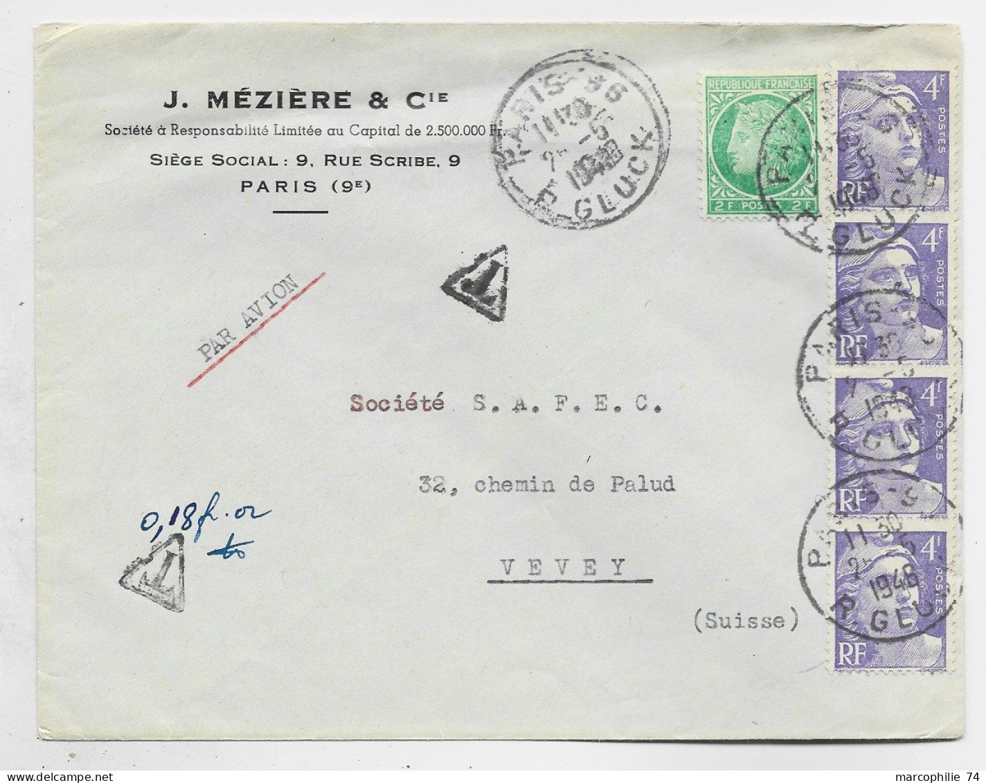 GANDON 4FR VIOLETX4+ 2FR MAZELIN LETTRE AVION PARIS 1948 POUR SUISSE TAXE 0.180 FR OR - 1945-54 Marianne Of Gandon