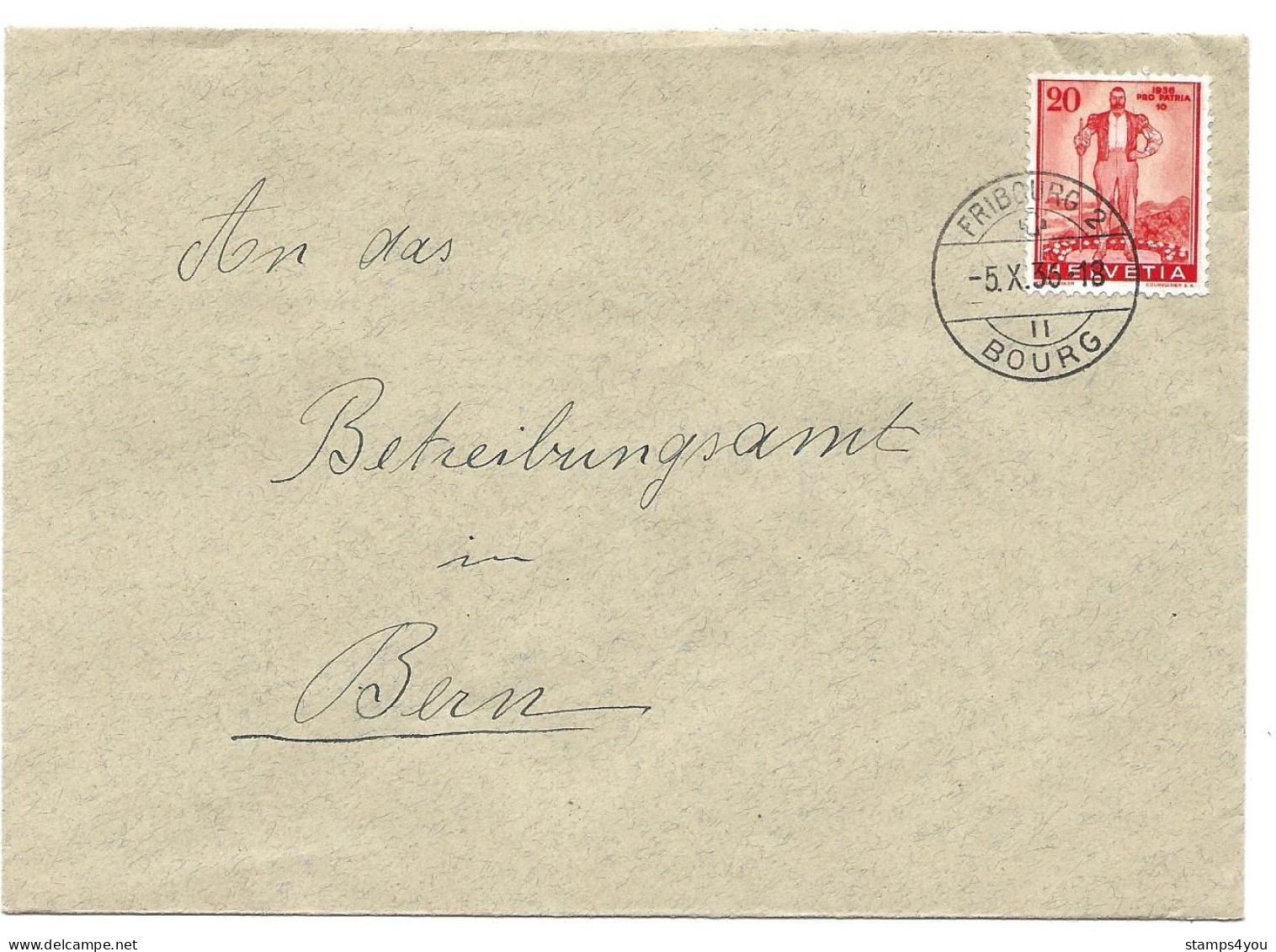169 - 94 - Enveloppe Envoyée De Fribourg 1936 - Timbre Pro Patria - Lettres & Documents