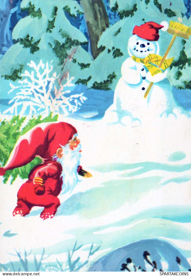 SANTA CLAUS Happy New Year Christmas GNOME SNOWMAN Vintage Postcard CPSM #PAU376.A - Santa Claus