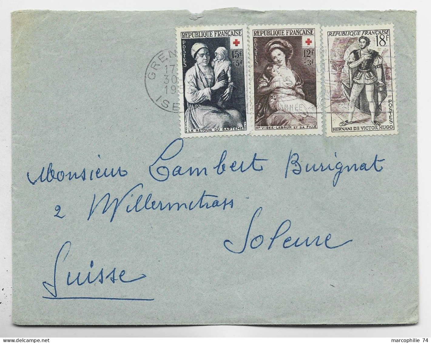 FRANCE CROIX ROUGE 12FR+15FR+ 18FR HERNANI  LETTRE GRENOBLE 1953  POUR SUISSE - Rotes Kreuz