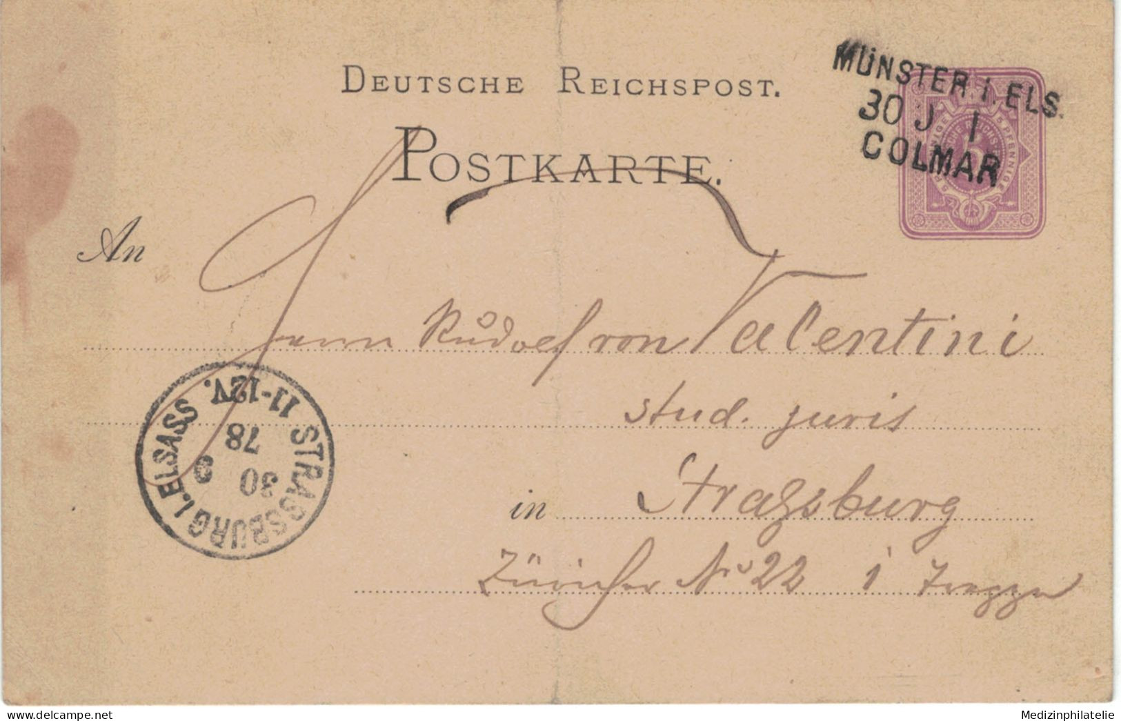 Ganzsache 5 Pfennig - Münster Im Elsass Bei Colmar 1878 > Rudolf Von Valentini Strassburg - Cartes Postales