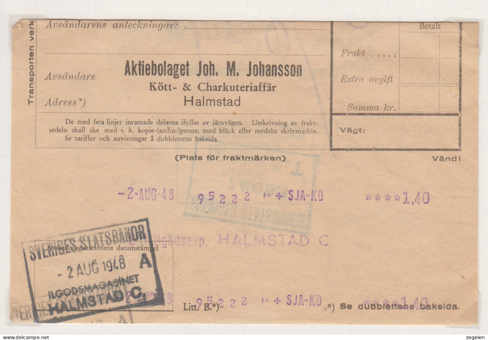 Zweden Spoorwegzegel Cat Svenska Järnvägsfraktmärken; Lijn S.J. Statens Järnvägar Vrachtbrief Met Machinale Frankering - Altri & Non Classificati