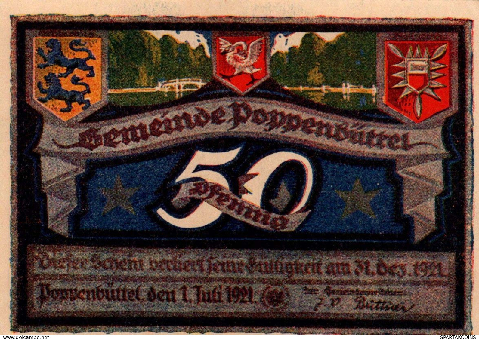 50 PFENNIG 1921 Stadt POPPENBÜTTEL Schleswig-Holstein DEUTSCHLAND Notgeld #PG184 - [11] Emissions Locales