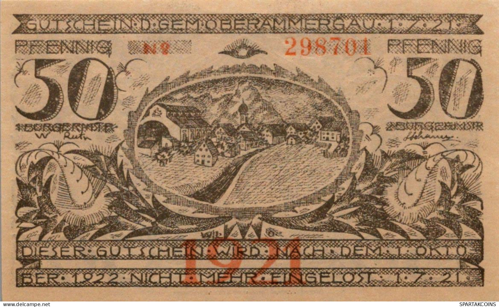 50 PFENNIG 1921 Stadt OBERAMMERGAU Bavaria DEUTSCHLAND Notgeld Banknote #PD489 - [11] Local Banknote Issues