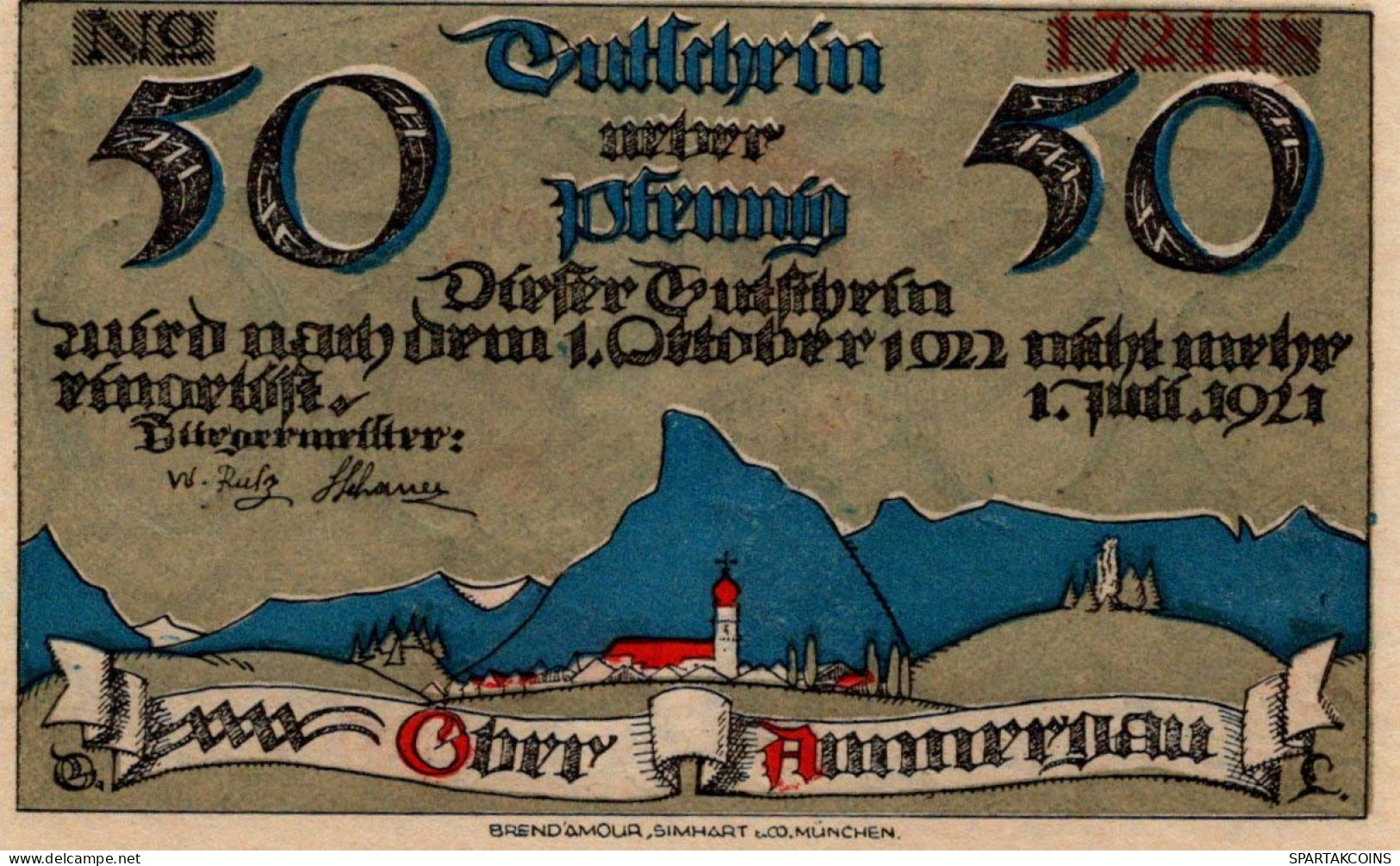 50 PFENNIG 1921 Stadt OBERAMMERGAU Bavaria DEUTSCHLAND Notgeld Banknote #PD442 - [11] Local Banknote Issues