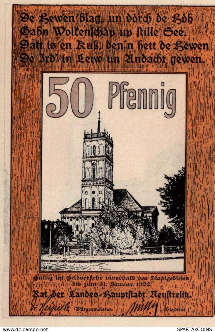 50 PFENNIG 1922 Stadt NEUSTRELITZ Mecklenburg-Strelitz DEUTSCHLAND #PJ158 - [11] Local Banknote Issues
