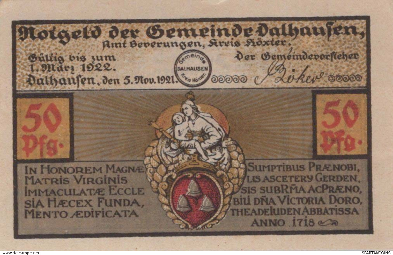 50 PFENNIG 1922 Stadt DALHAUSEN Westphalia UNC DEUTSCHLAND Notgeld #PA419 - [11] Lokale Uitgaven