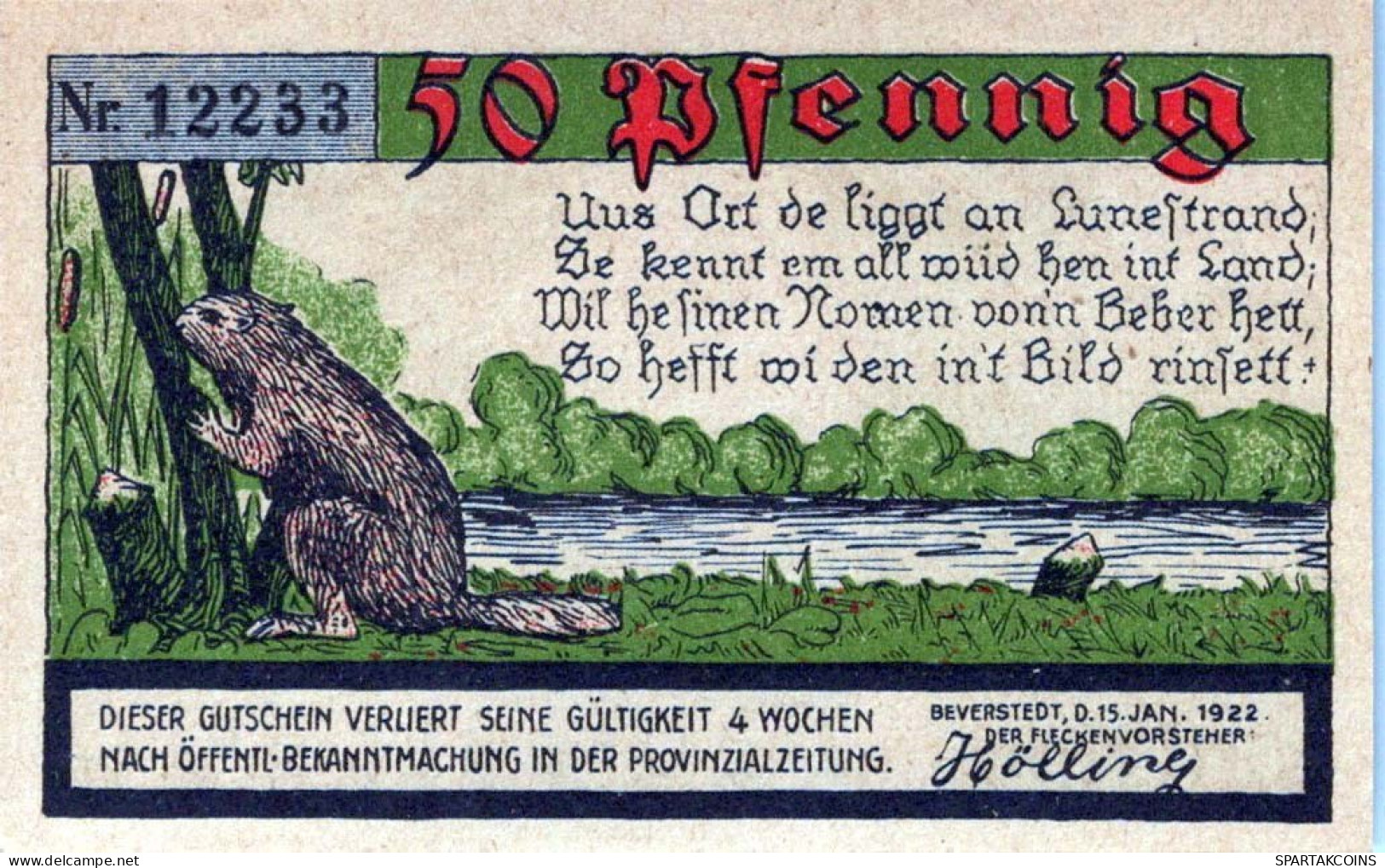50 PFENNIG 1922 Stadt BEVERSTEDT Hanover UNC DEUTSCHLAND Notgeld Banknote #PA209 - [11] Lokale Uitgaven