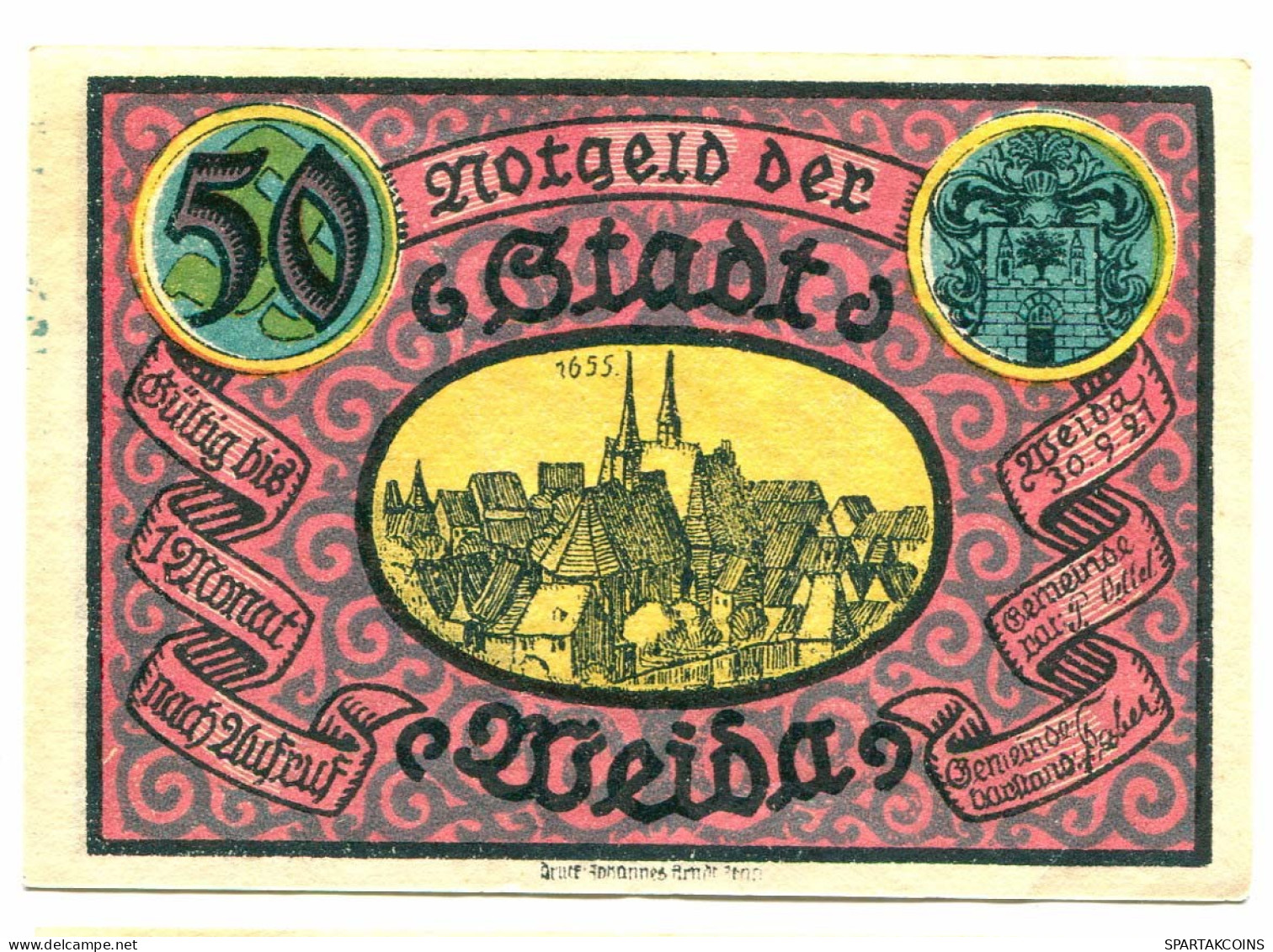 50 Pfennig 1921 WEIDA DEUTSCHLAND UNC Notgeld Papiergeld Banknote #P10597 - [11] Lokale Uitgaven