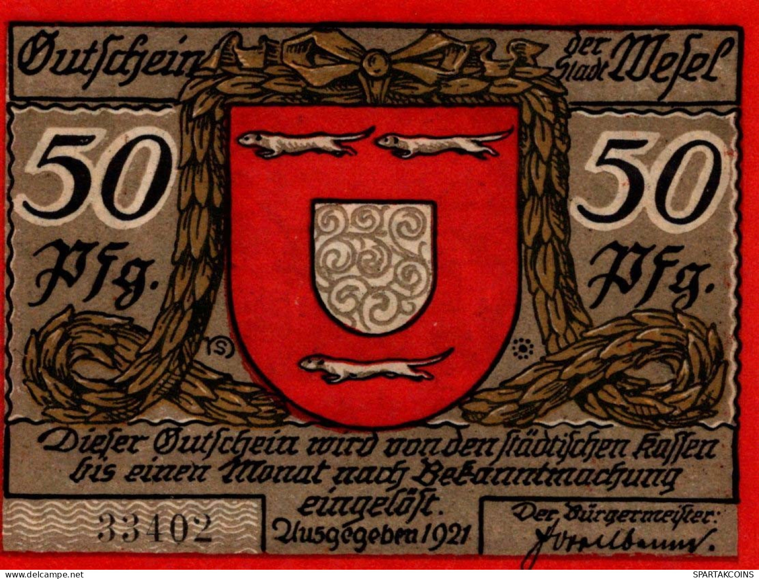 50 PFENNIG 1921 Stadt WESEL Rhine UNC DEUTSCHLAND Notgeld Banknote #PH602 - [11] Emissions Locales