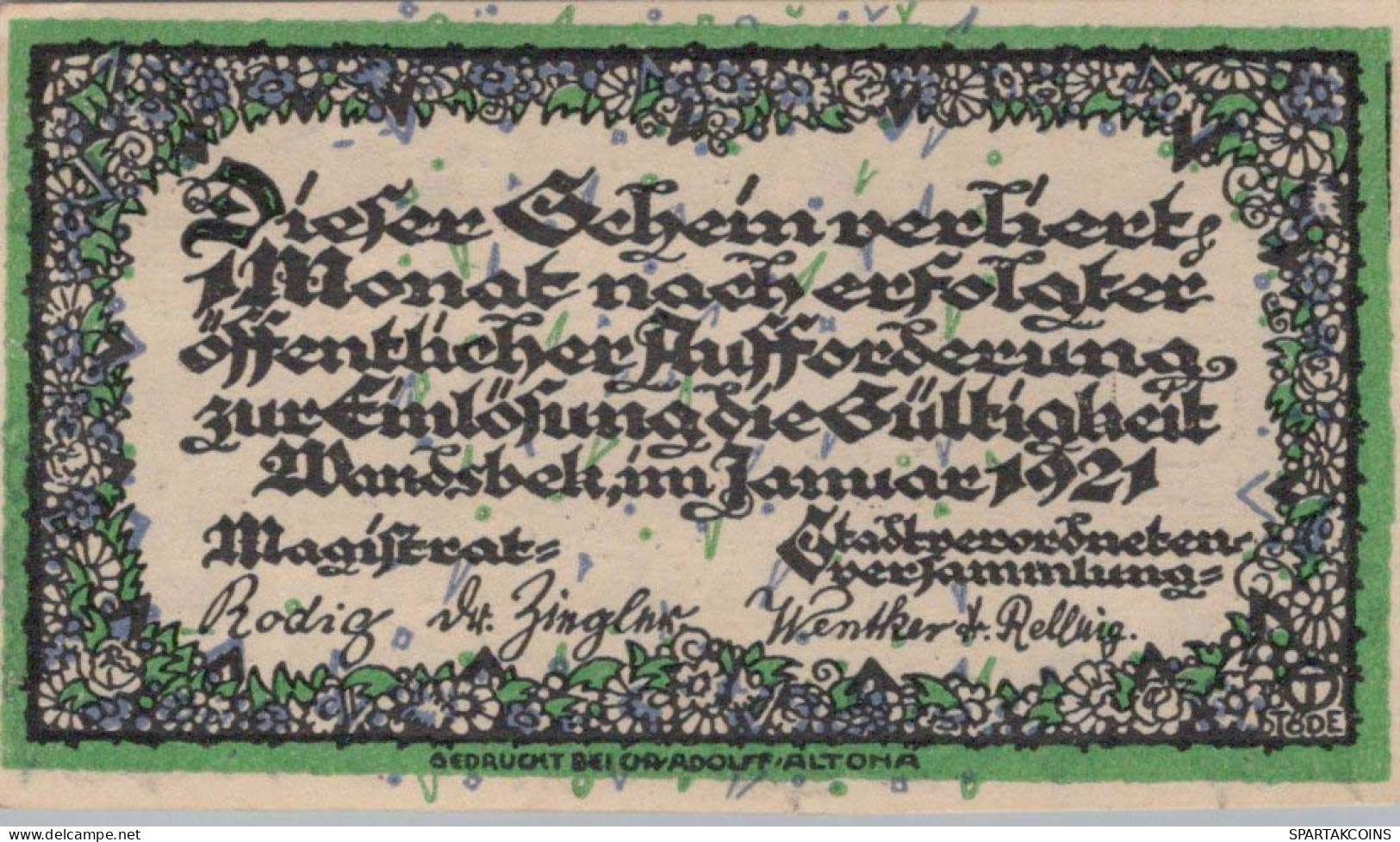 50 PFENNIG 1921 Stadt WANDSBEK Schleswig-Holstein DEUTSCHLAND Notgeld #PG163 - [11] Emissions Locales