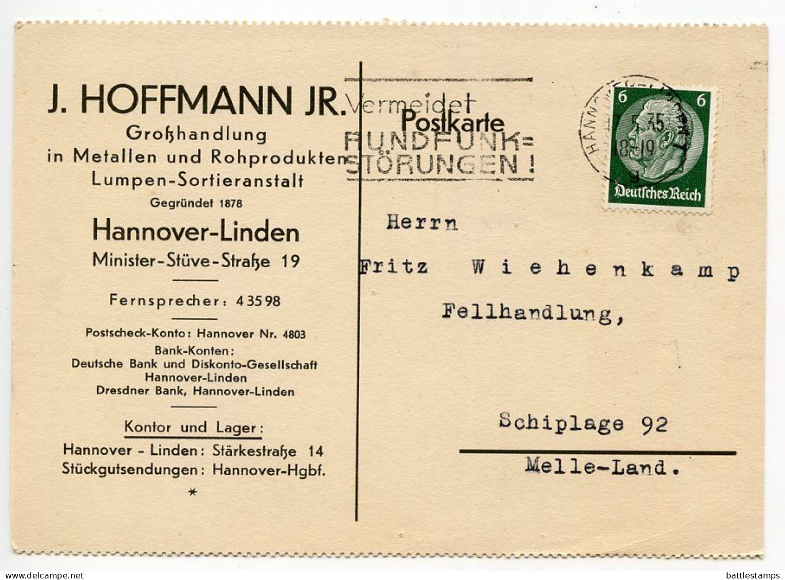 Germany 1935 Postcard; Hannover-Linden - J. Hoffmann Jr. To Schiplage; 6pf. Hindenburg; Radio Slogan Cancel - Storia Postale