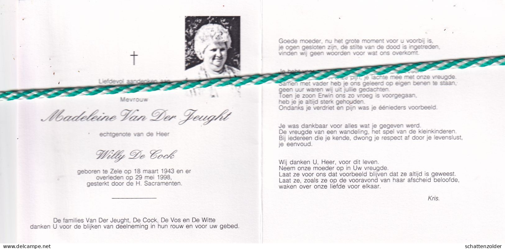 Madeleine Van Der Jeught-De Cock, Zele 1943, 1998. Foto - Obituary Notices