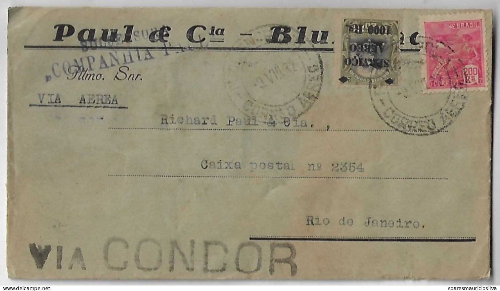 Brazil 1932 Company Paul Blumenau Cover From Florianópolis To Rio De Janeiro Condor Syndicate Airmail + Definitive Stamp - Posta Aerea (società Private)