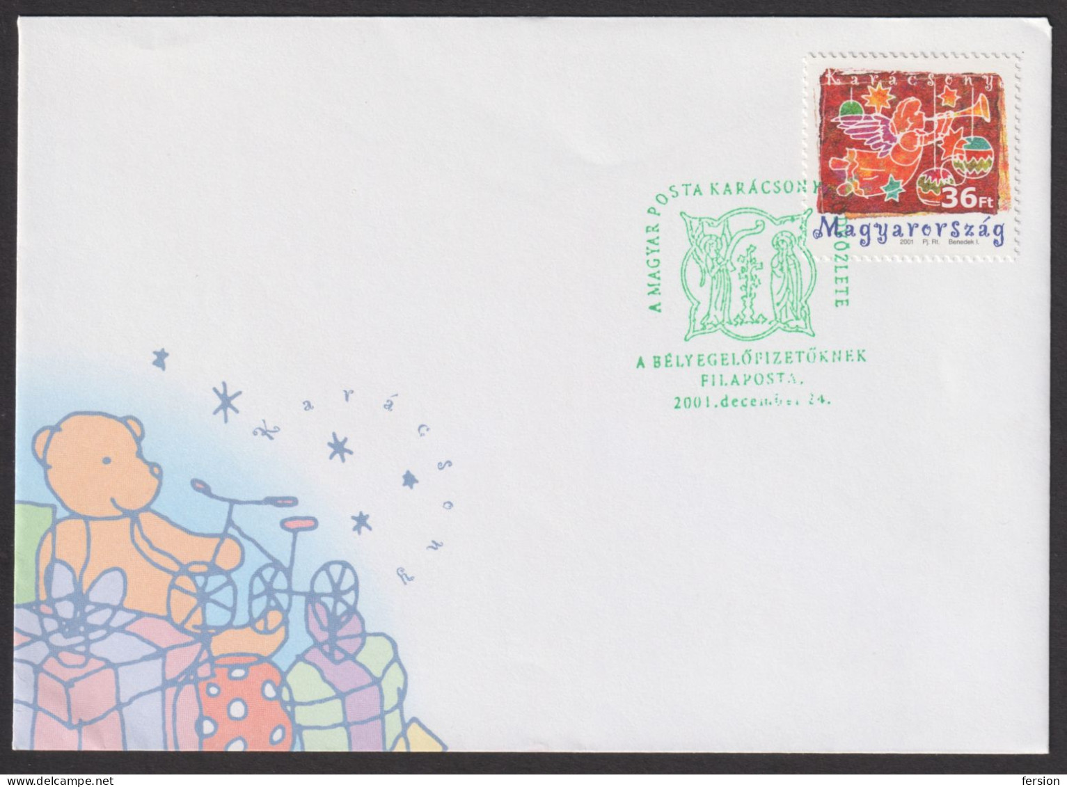 CHRISTMAS Gift FDC For Stamp Collectors Subscriber RRR!!! Angel Horn Teddy Bear Bicycle 2001 Hungary FILAPOSTA Postmark - Kerstmis