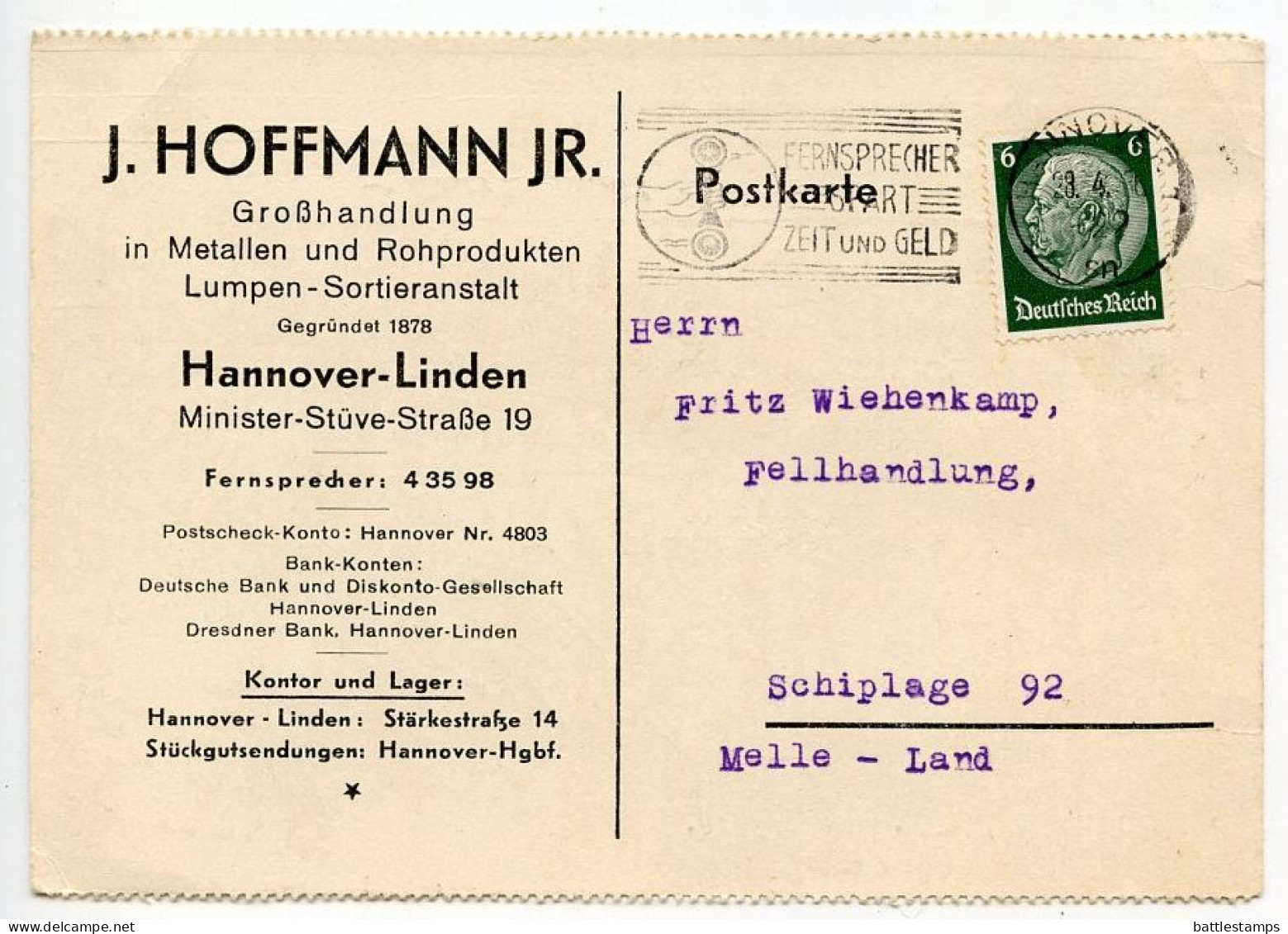 Germany 1936 Postcard; Hannover - J. Hoffmann Jr. To Schiplage; 6pf. Hindenburg; Telephone Slogan Cancel - Brieven En Documenten