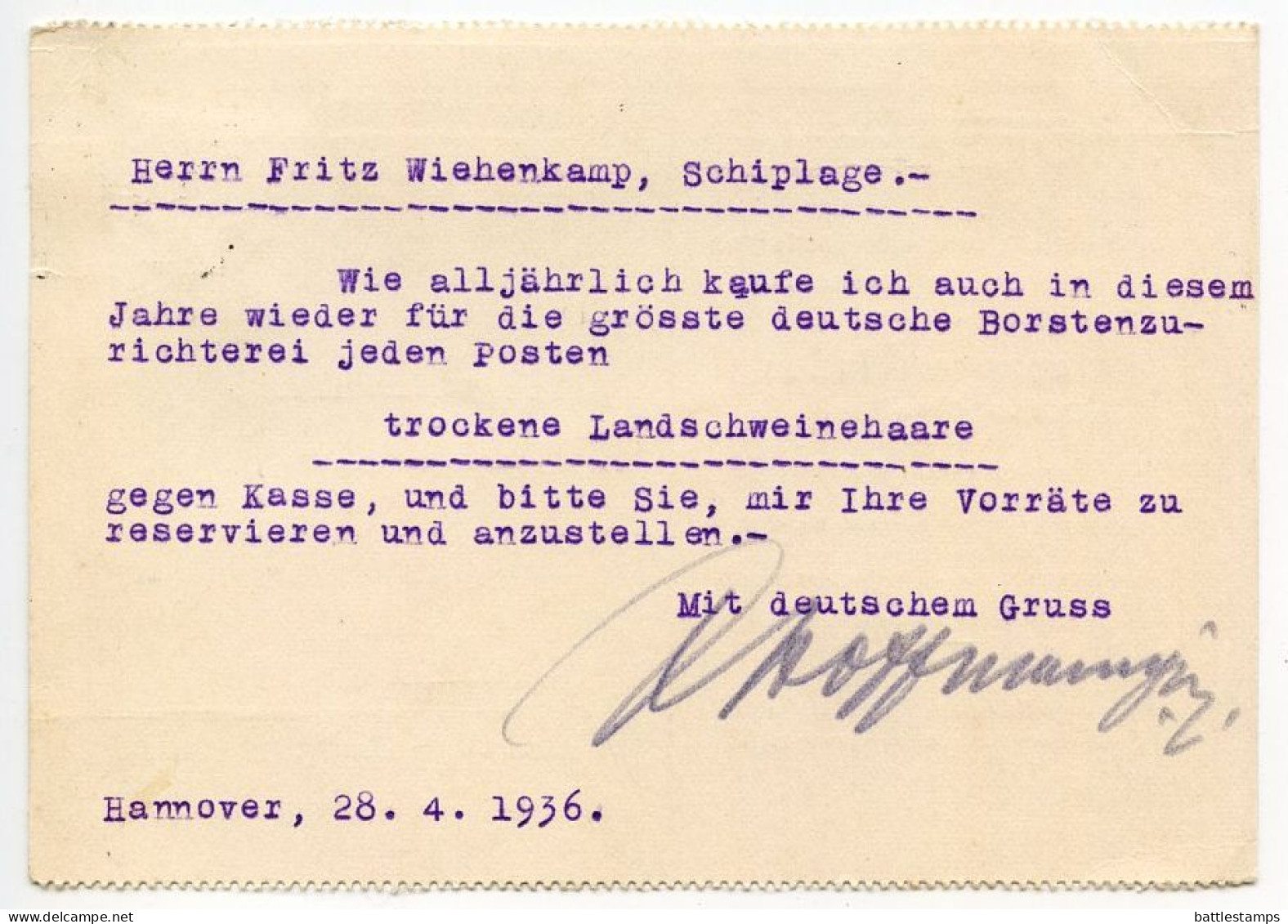 Germany 1936 Postcard; Hannover - J. Hoffmann Jr. To Schiplage; 6pf. Hindenburg; Telephone Slogan Cancel - Cartas & Documentos