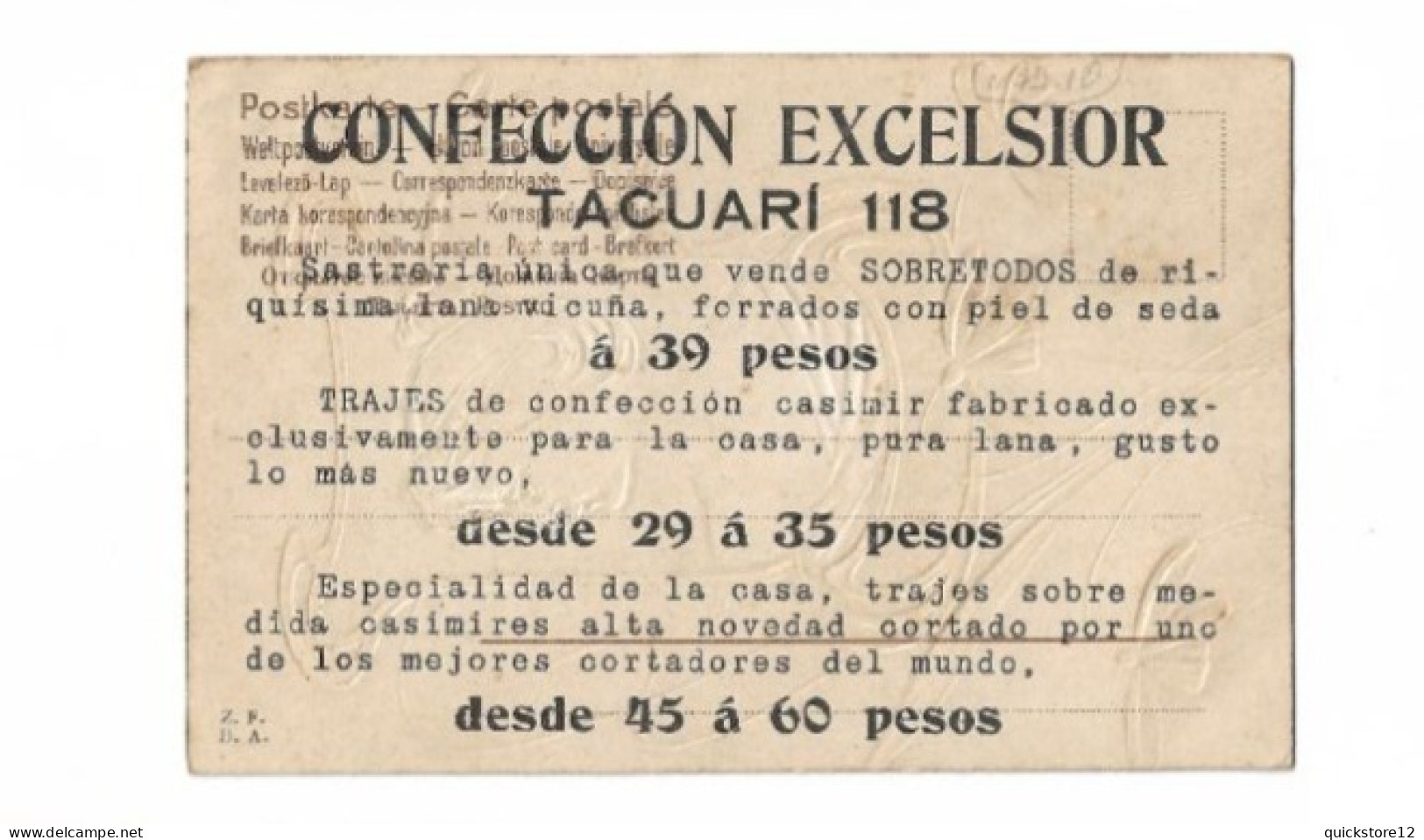 Publicidad ''Confección Excelsior'' Tacuari 118 - 7400 - Publicité