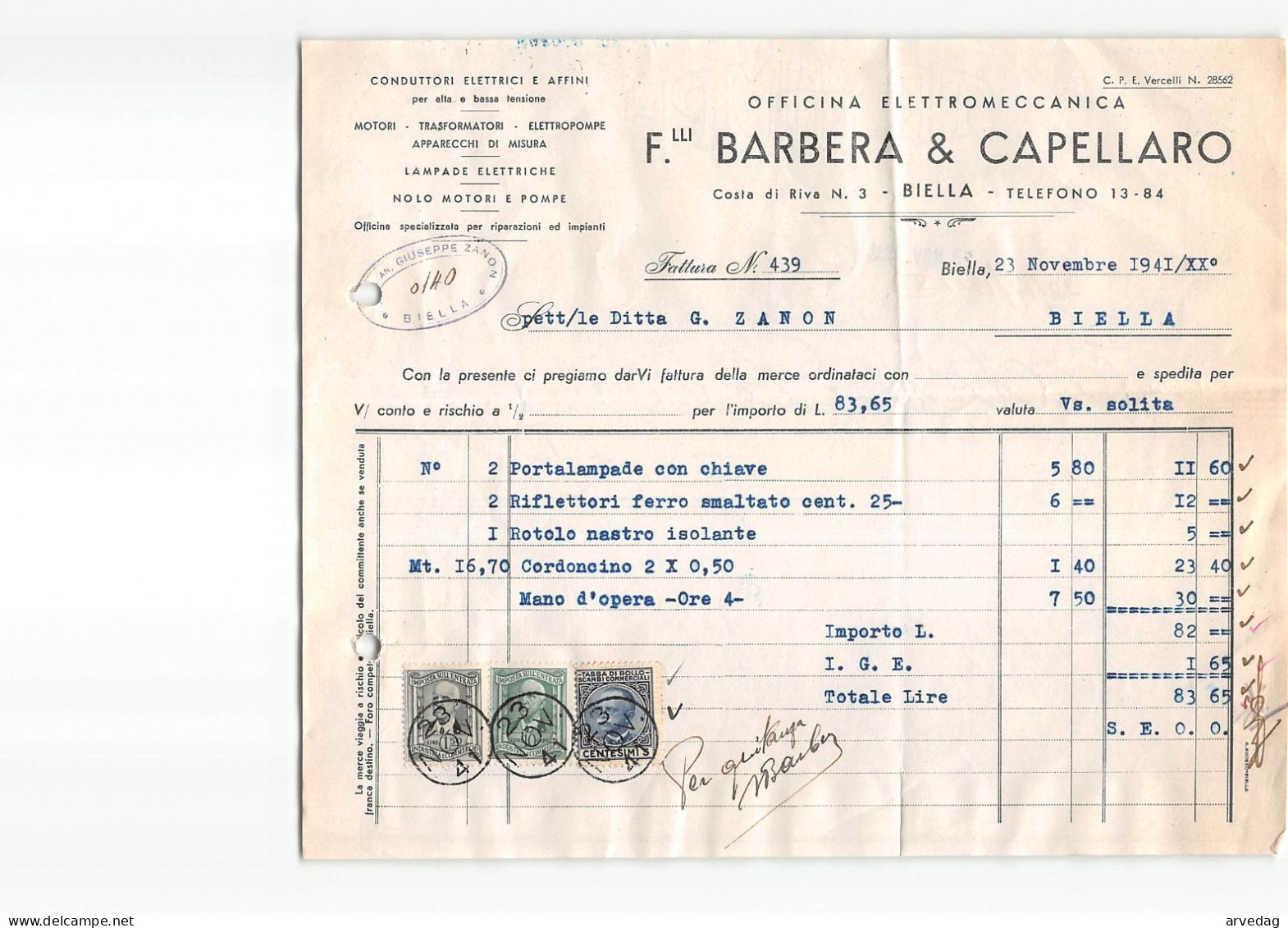 AG2560 BARBERA & CAPELLARO OFFICINA ELETTROMECCANICA - FATTURA - Italie