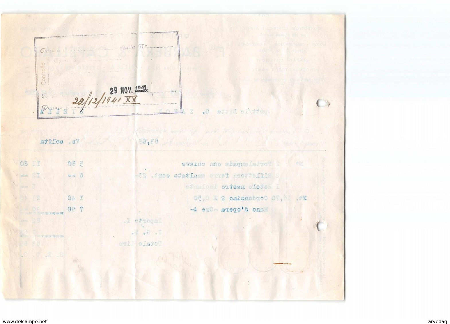 AG2560 BARBERA & CAPELLARO OFFICINA ELETTROMECCANICA - FATTURA - Italie