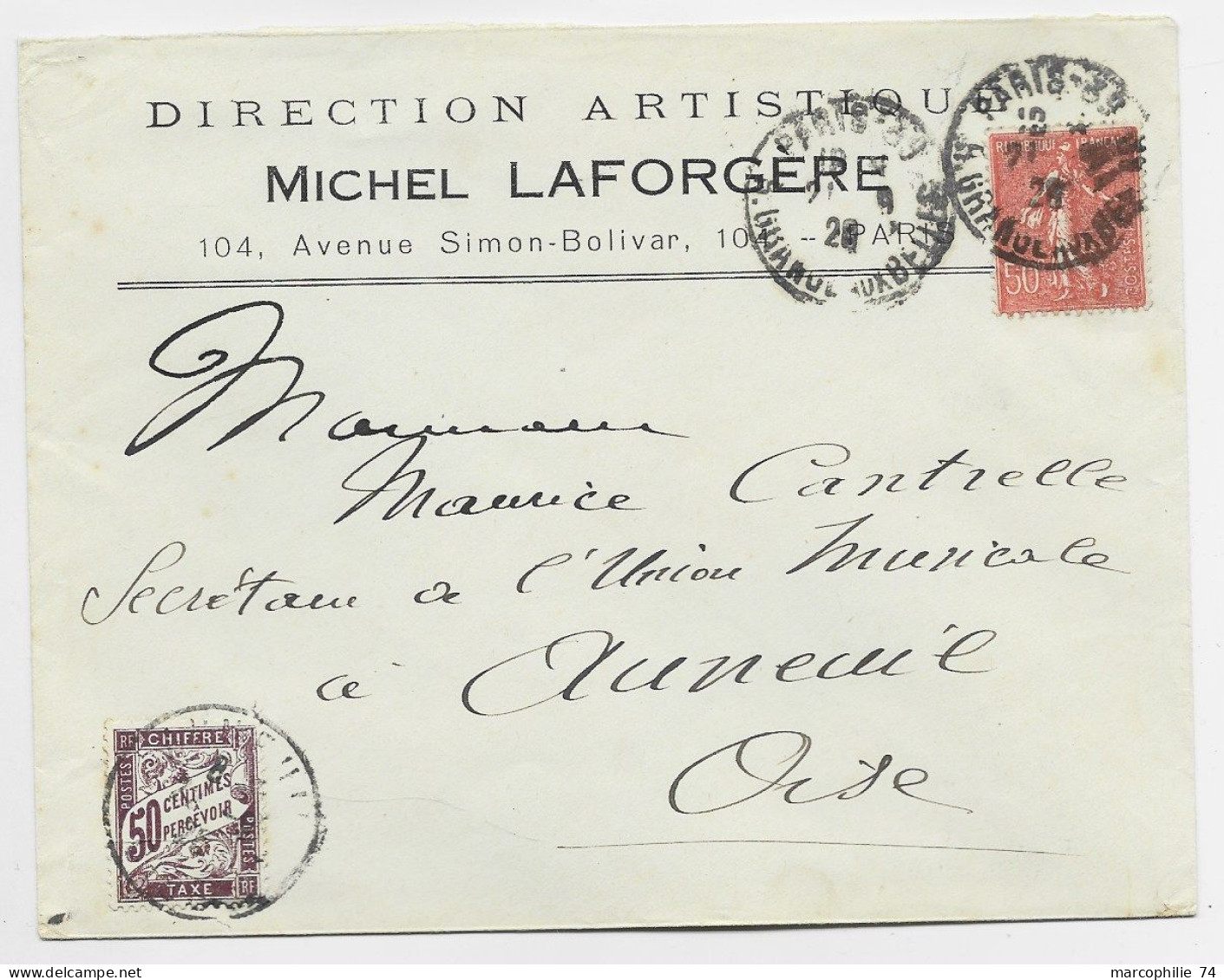 SEMEUSE 50C LETTRE ENTETE DIRECTION ARTISTIQUE MICLE LAFORGERE AVENUE SIMON BOLIVAR 1929 POUR OISE TAXE 50C - 1921-1960: Periodo Moderno