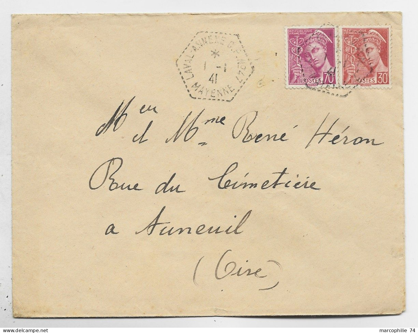 MERCURE 30C+70C LETTRE C. HEX PERLE LAVAL ANNEXE CP N°47 1.1.1941 MAYENNE - Handstempel