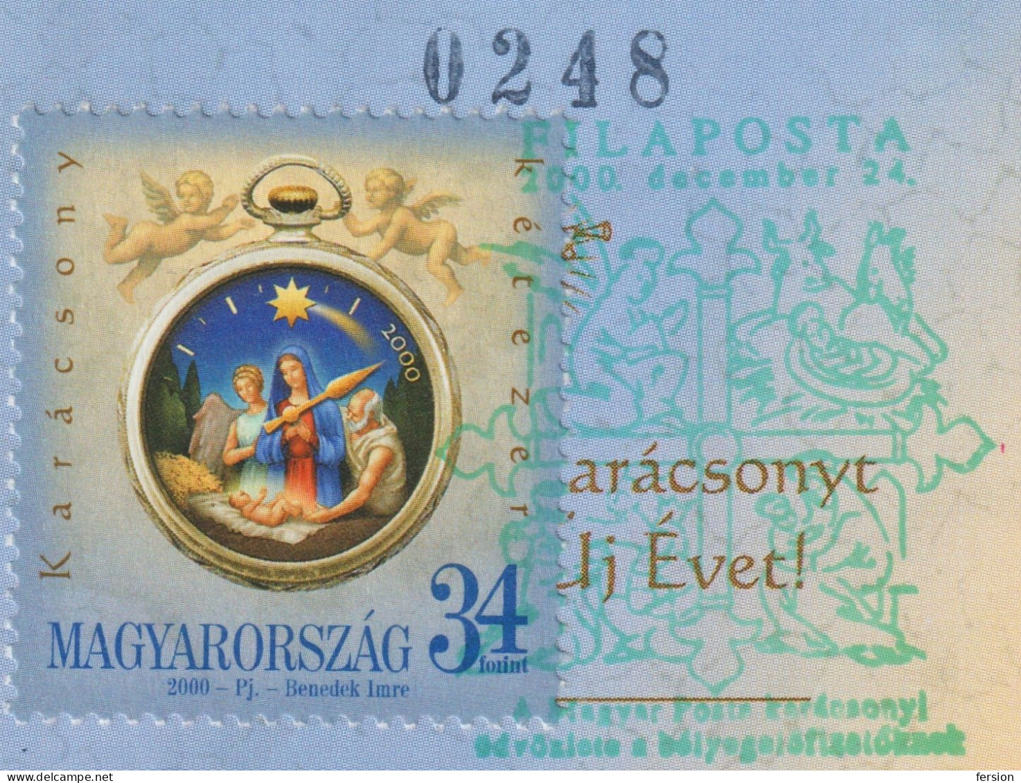 CHRISTMAS Gift POSTCARD For Stamp Collectors Subscriber RRR Clock Jesus Mary 2000 Hungary FILAPOSTA FDC Postmark - Christmas