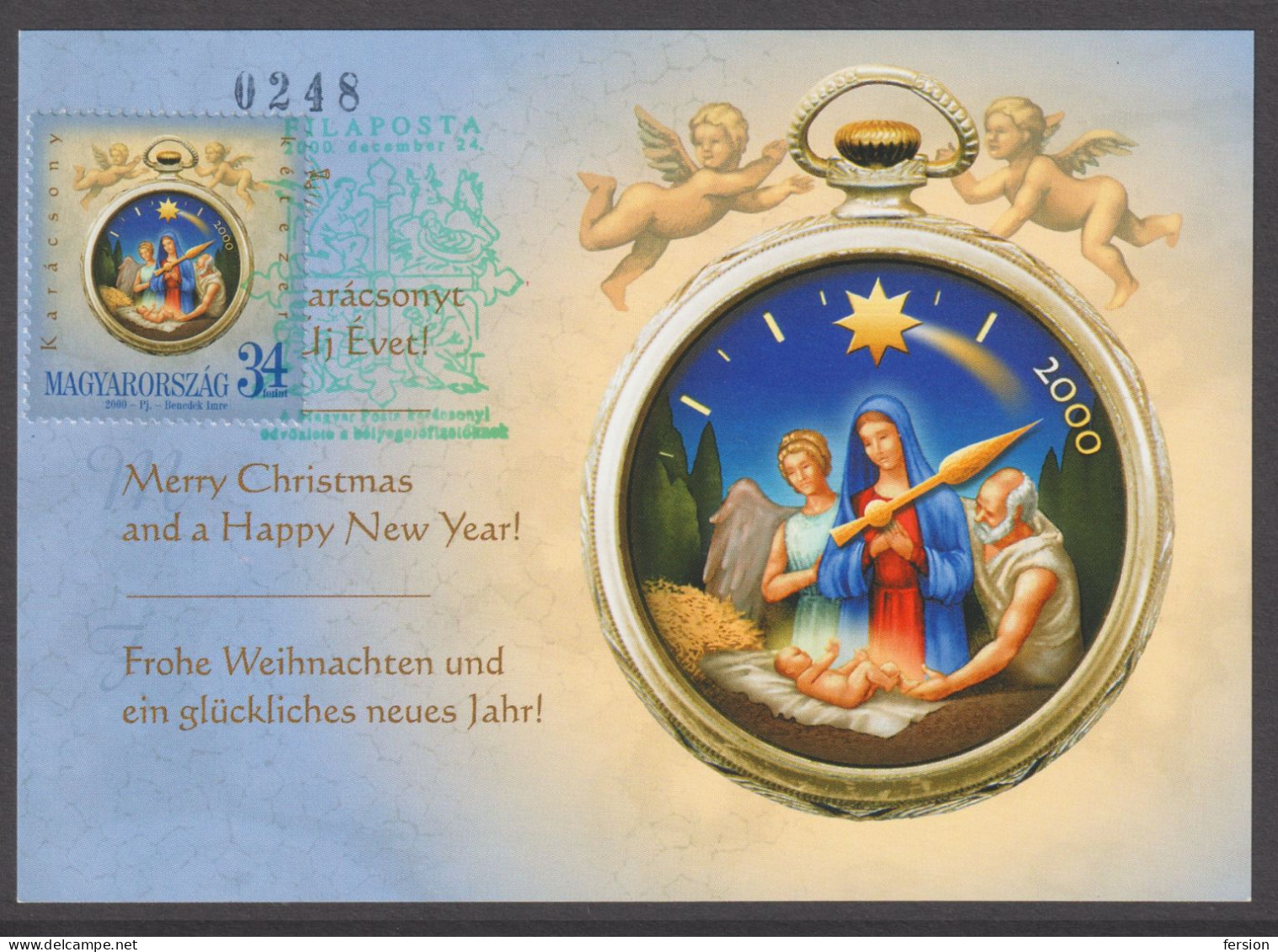 CHRISTMAS Gift POSTCARD For Stamp Collectors Subscriber RRR Clock Jesus Mary 2000 Hungary FILAPOSTA FDC Postmark - Weihnachten