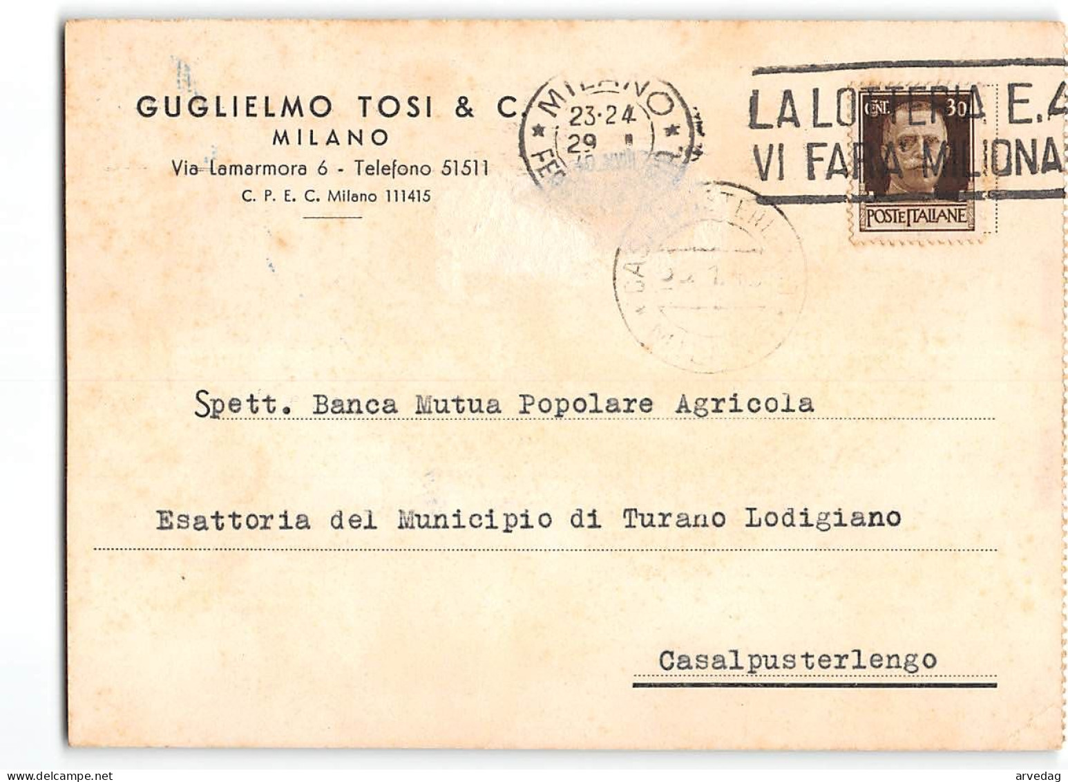 AG2568 GUGLIELMO TOSI & C. MILANO X CASAL PUSTERLENGO - Poststempel