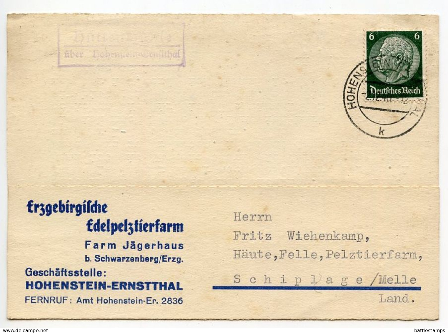 Germany 1940 Postcard; Hohenstein-Ernstthal - Erzgebirgische, Edelpelztierfarm To Schiplage; 6pf. Hindenburg - Briefe U. Dokumente