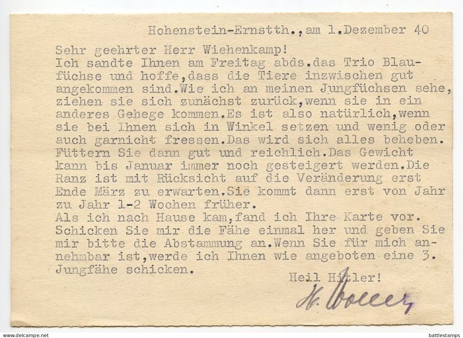 Germany 1940 Postcard; Hohenstein-Ernstthal - Erzgebirgische, Edelpelztierfarm To Schiplage; 6pf. Hindenburg - Lettres & Documents