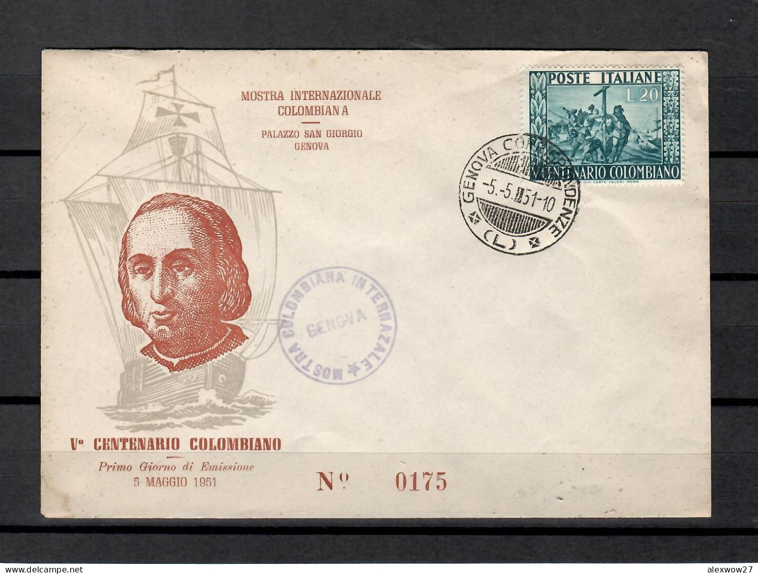 Italia / Repubblica 1951  " 5° Nascita Cristoforo Colombo  " FDC - FDC