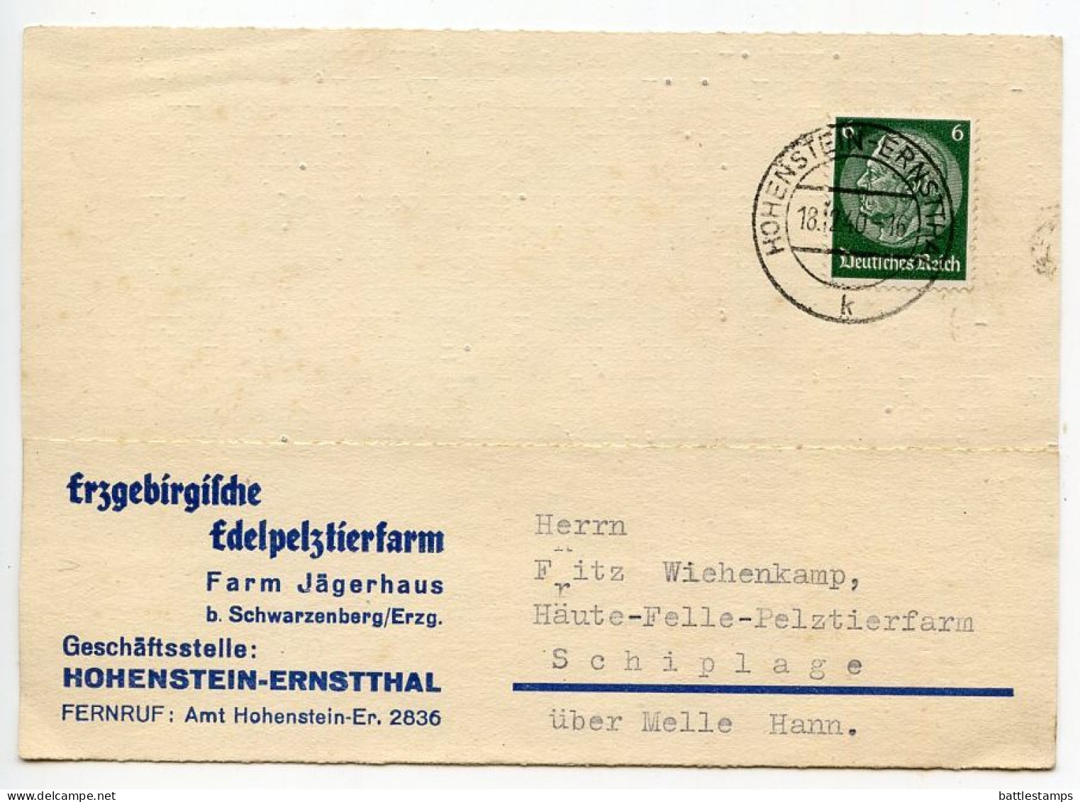 Germany 1940 Postcard; Hohenstein-Ernstthal - Erzgebirgische, Edelpelztierfarm To Schiplage; 6pf. Hindenburg - Covers & Documents