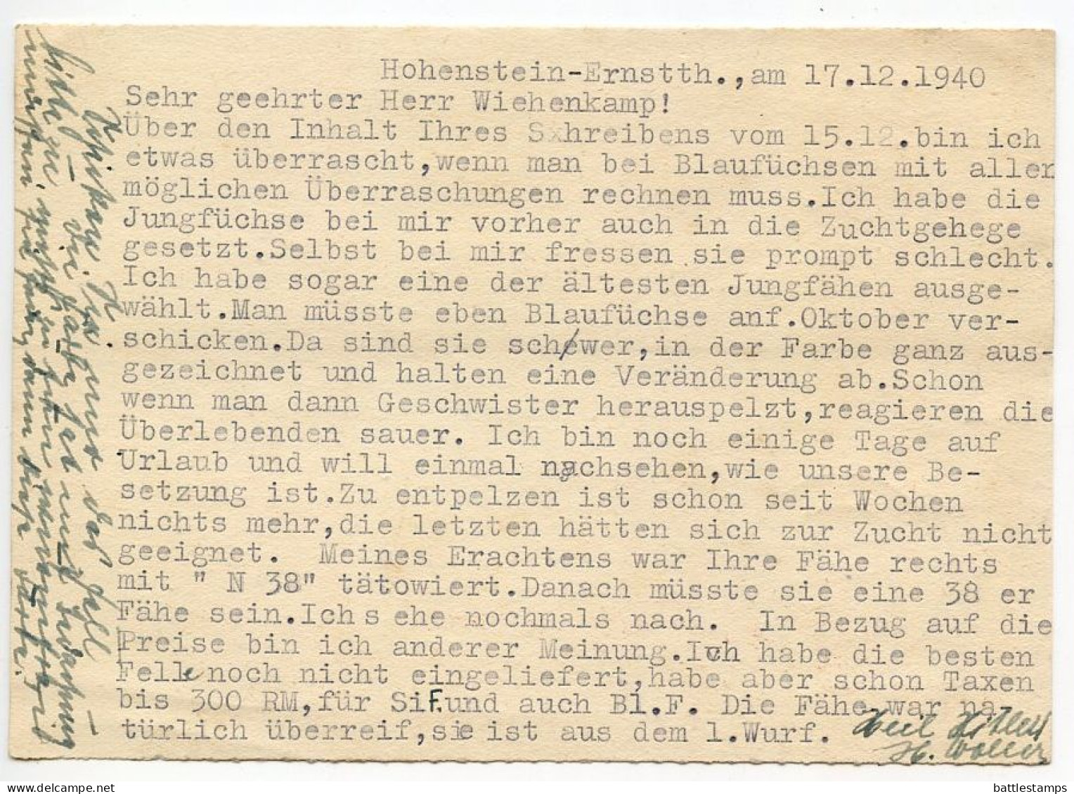 Germany 1940 Postcard; Hohenstein-Ernstthal - Erzgebirgische, Edelpelztierfarm To Schiplage; 6pf. Hindenburg - Brieven En Documenten