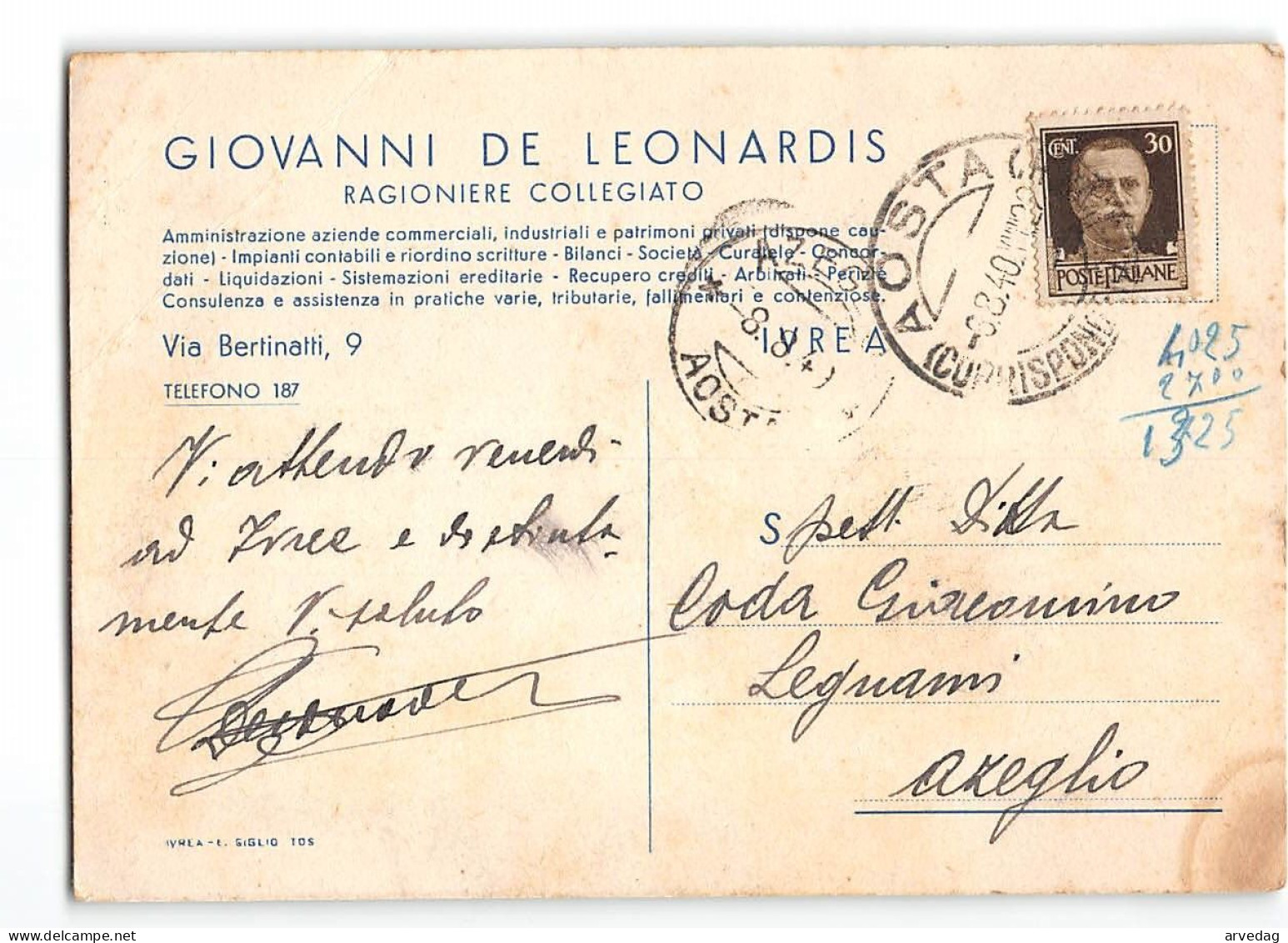 AG2574 GIOVANNI DE LEONARDIS IVREA X AZEGLIO - Poststempel