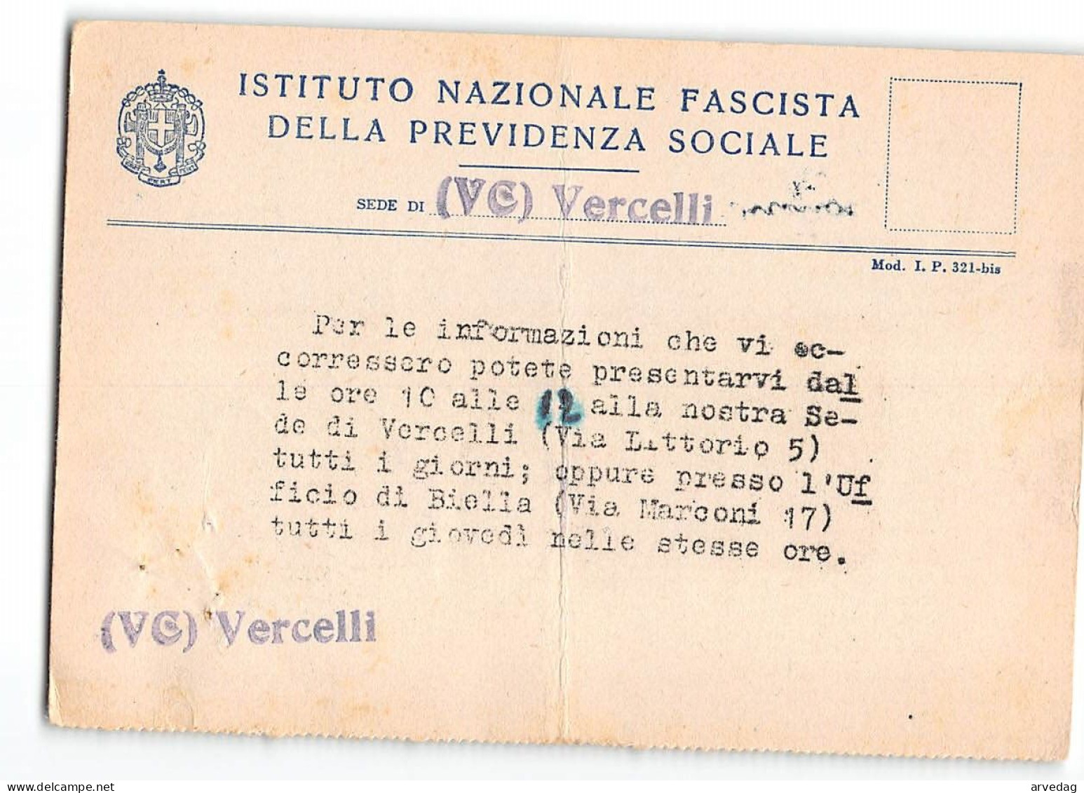 AG2575 IST. NAZ. FASCISTA PREVENZIONE SOCIALE VERCELLI - Storia Postale