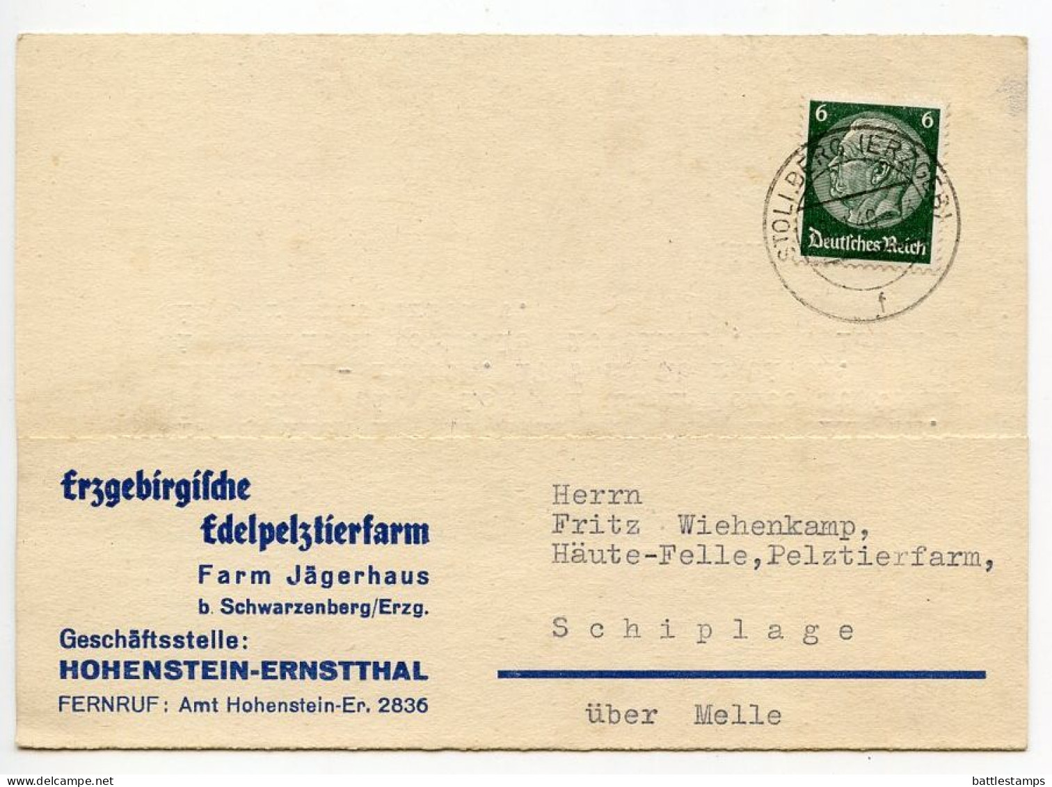 Germany 1940 Postcard; Stollberg (Erzgeb) - Erzgebirgische, Edelpelztierfarm To Schiplage; 6pf. Hindenburg - Covers & Documents