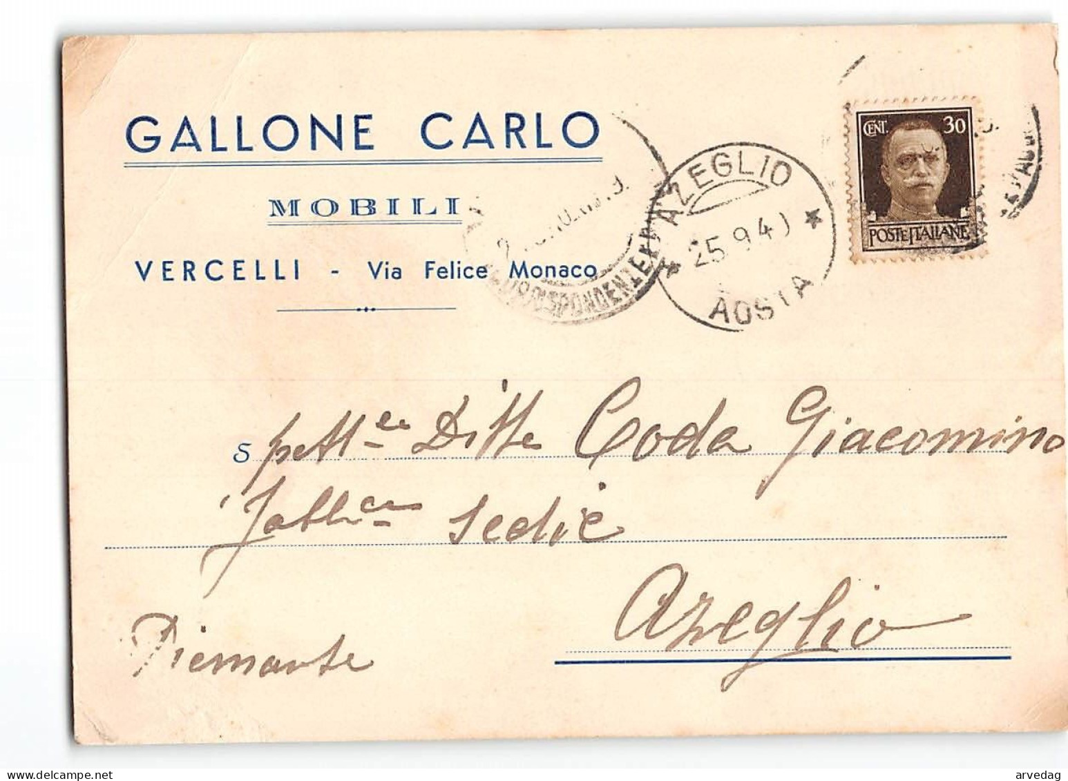 AG2577 GALLONE CARLO MOBILI VERCELLI X AZEGLIO - Storia Postale