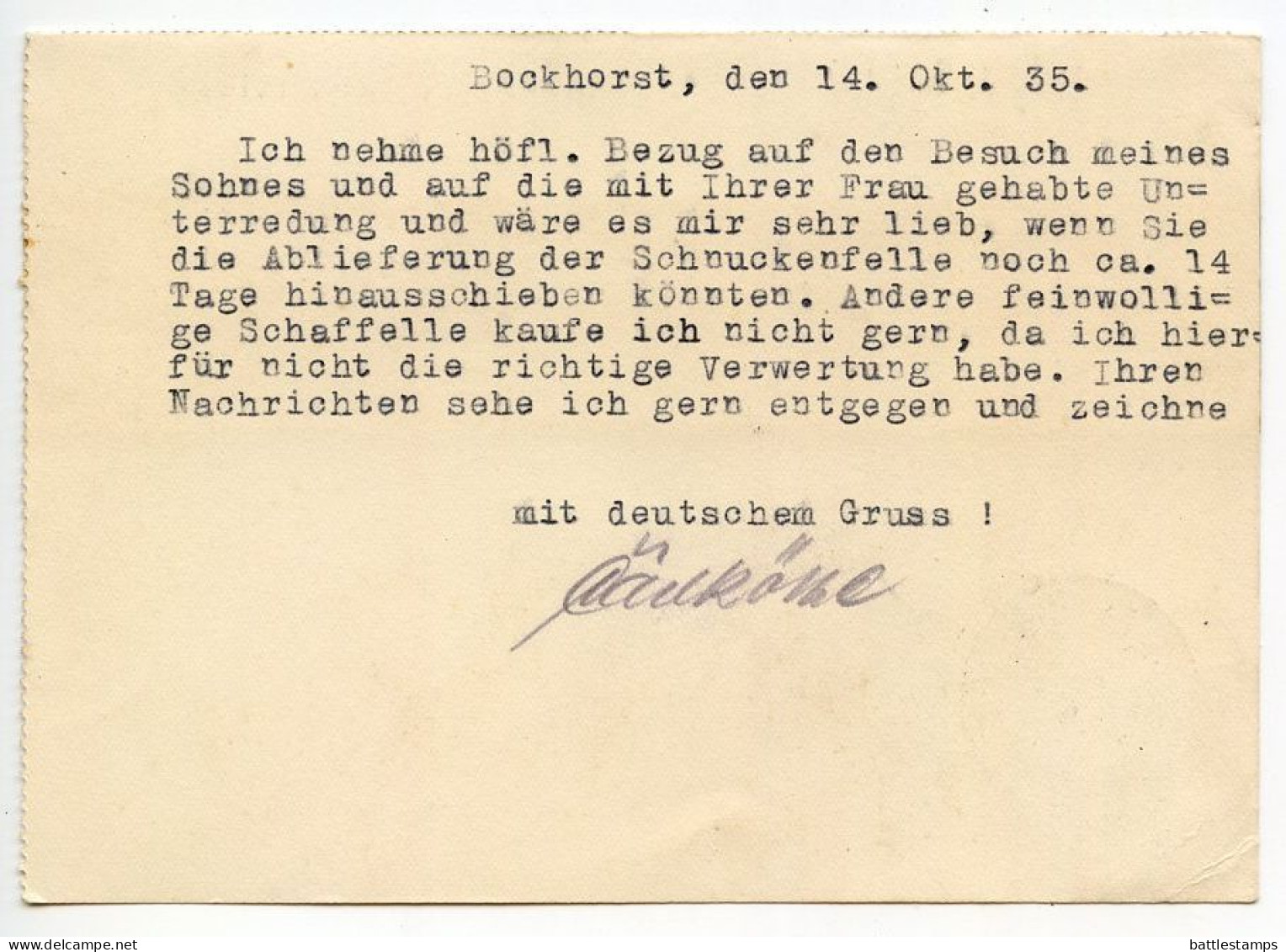 Germany 1935 Postcard; Bockhorst über Borgholzhausen - Carl Köthe, Lederfabrik To Schiplage; 6pf. Hindenburg - Brieven En Documenten