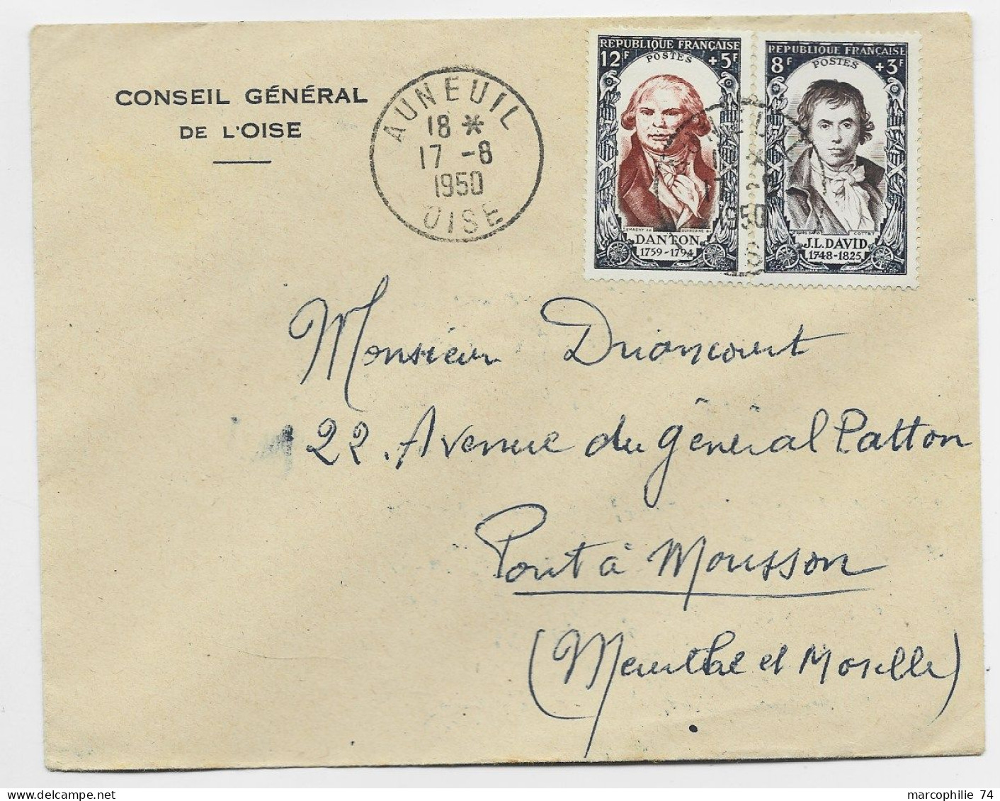 FRANCE SURTAXE 12FR DANTON +8FR DAVID  LETTRE AUNEUIL 17.8.1950 OISE AU TARIF - 1921-1960: Modern Period