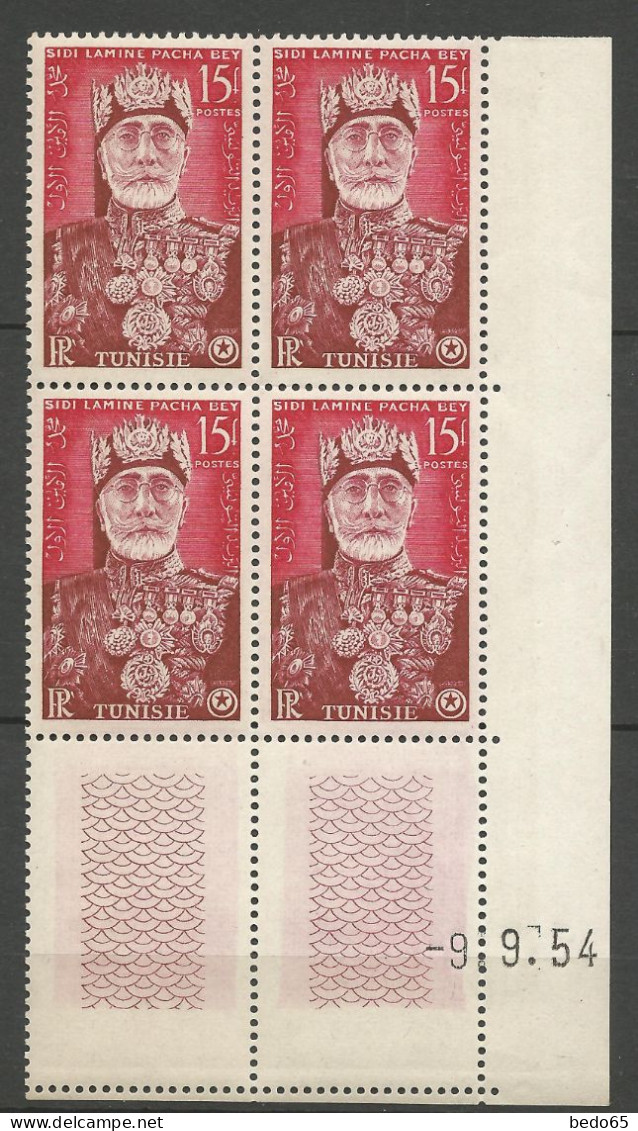 TUNISIE N° 385 Bloc De 4 Coin Daté 9 / 9 / 54 NEUF** SANS CHARNIERE NI TRACE / Hingeless  / MNH - Unused Stamps